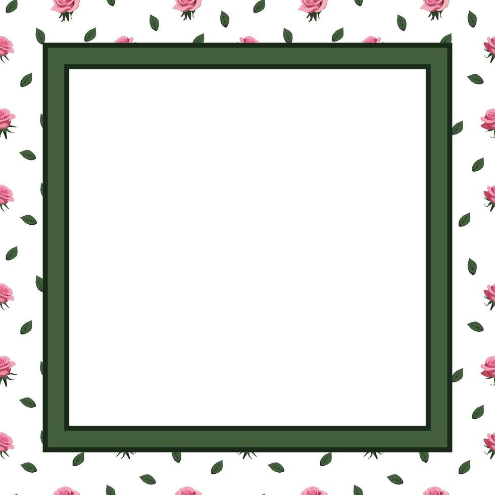 card with a square frame on a background of pink roses and green leaves. vector