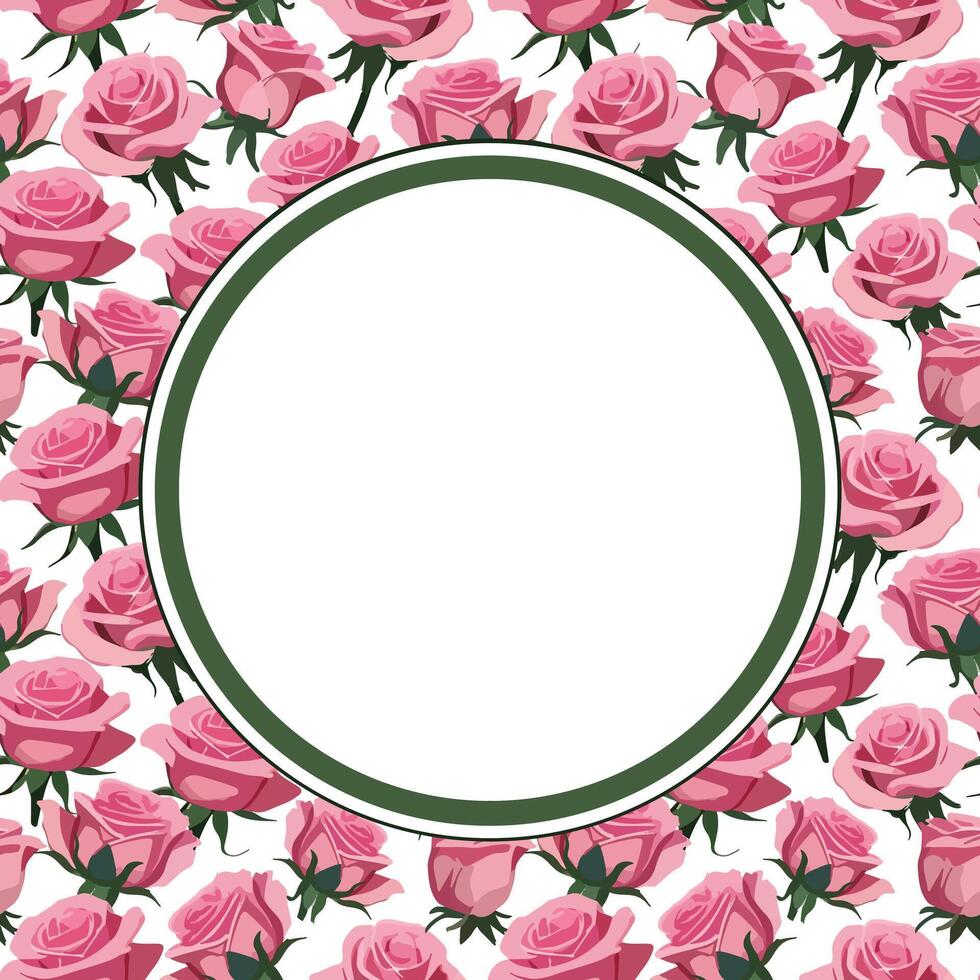 card with a round frame on a background of pink roses vector