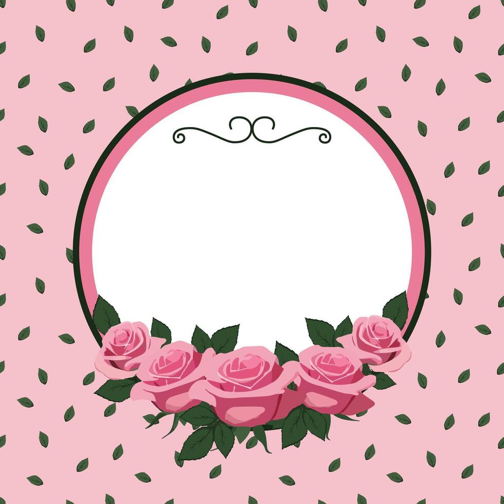 round frame with pink roses and green leaves on pink background with small leaves vector