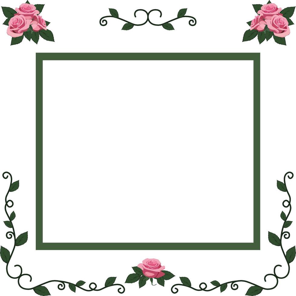 quare green frame. curls with leaves and pink roses vector