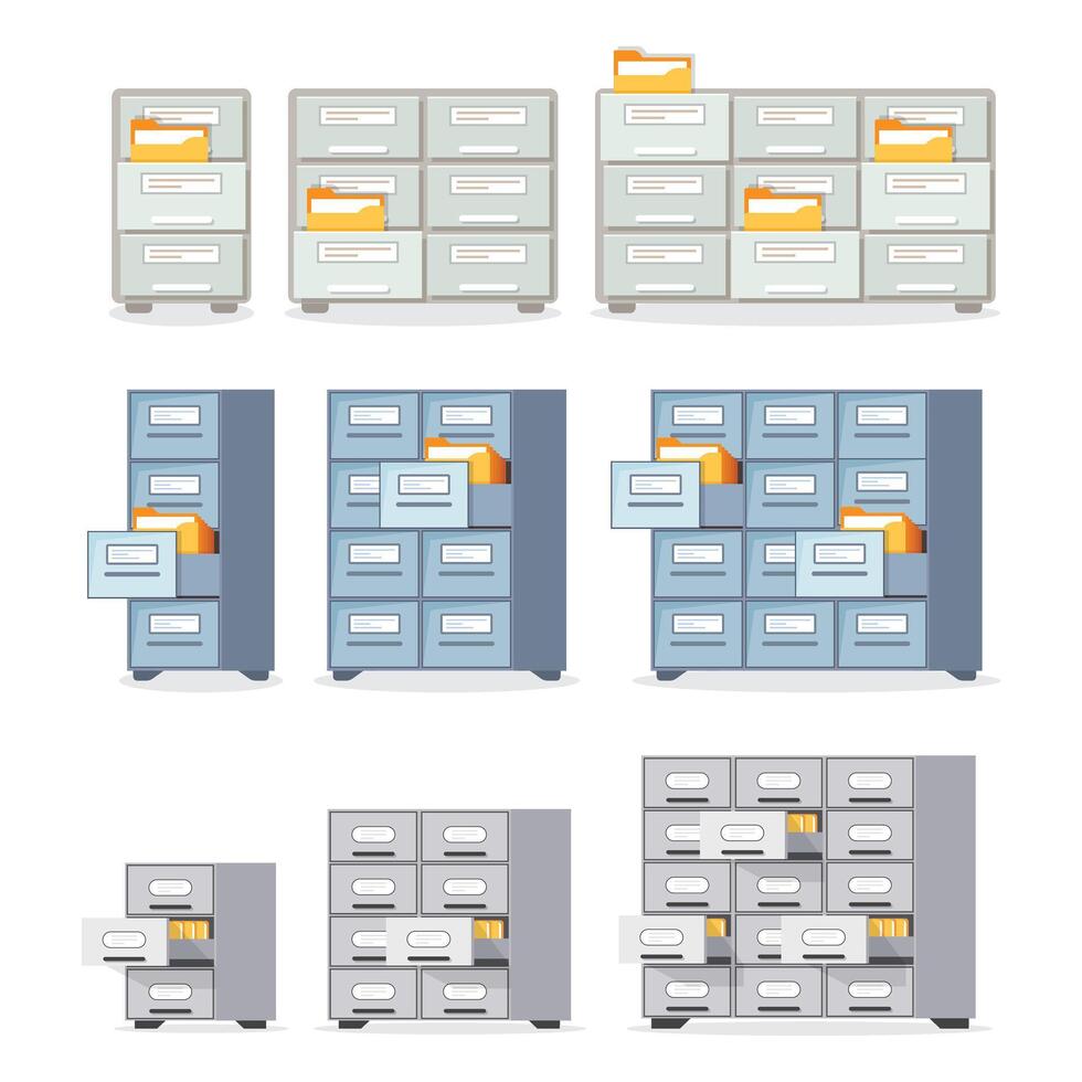 Office cabinet icon set in flat style. Furniture storage illustration on isolated background. Drawer sign business concept. vector