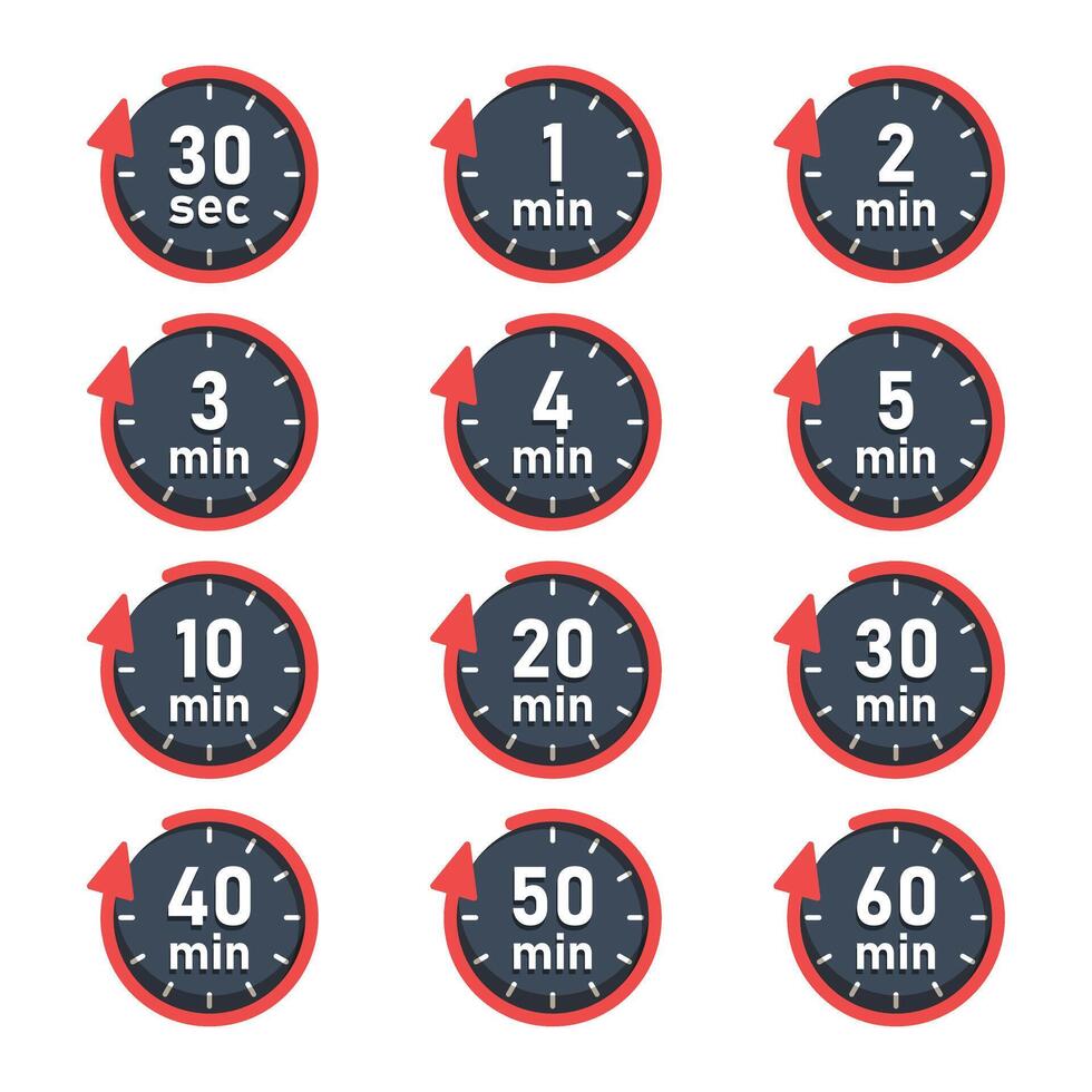 From 30 seconds to 60 minutes on stopwatch icon in flat style. Clock face timer illustration on isolated background. Countdown sign business concept. vector