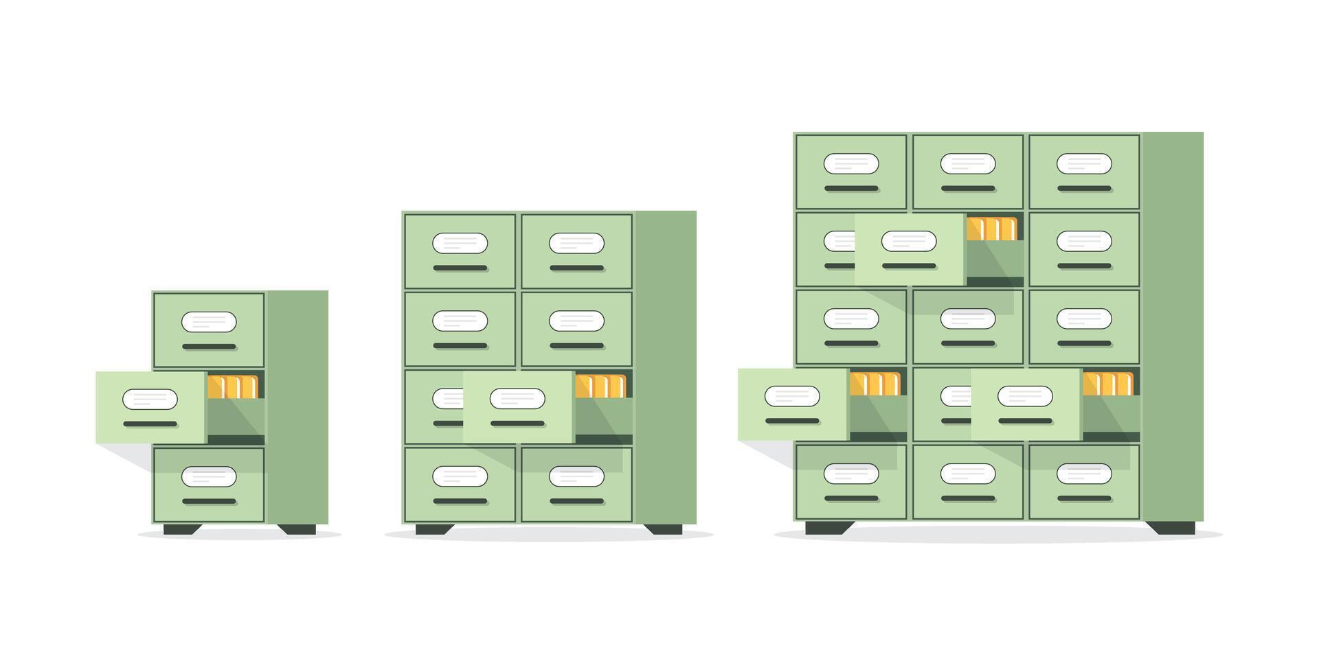 Office cabinet icon set in flat style. Furniture storage illustration on isolated background. Drawer sign business concept. vector