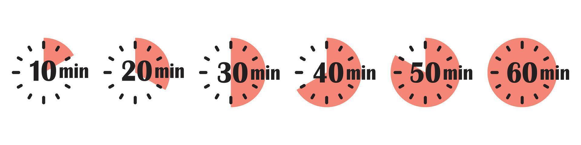 From 10 minites to 60 minutes on stopwatch icon in flat style. Clock face timer illustration on isolated background. Countdown sign business concept. vector