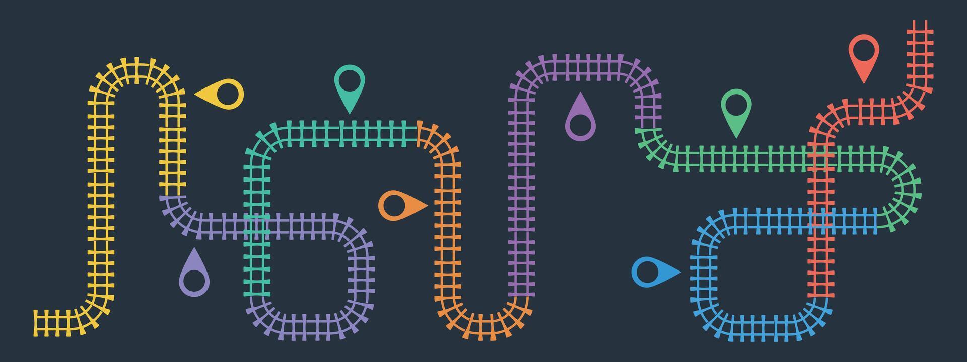 Railroad tracks infographic. Business template with 8 options or steps. Railway simple icon, rail track direction, train tracks colorful illustration on a black background. vector