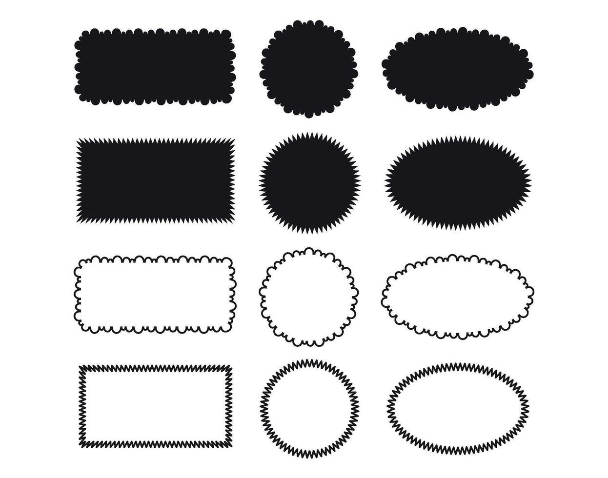 Set of black rectangular, round and oval text or photo frames. Silhouette and linear boundaries. Labels, tags, patches, text box, banner, sticker. illustration on white background vector