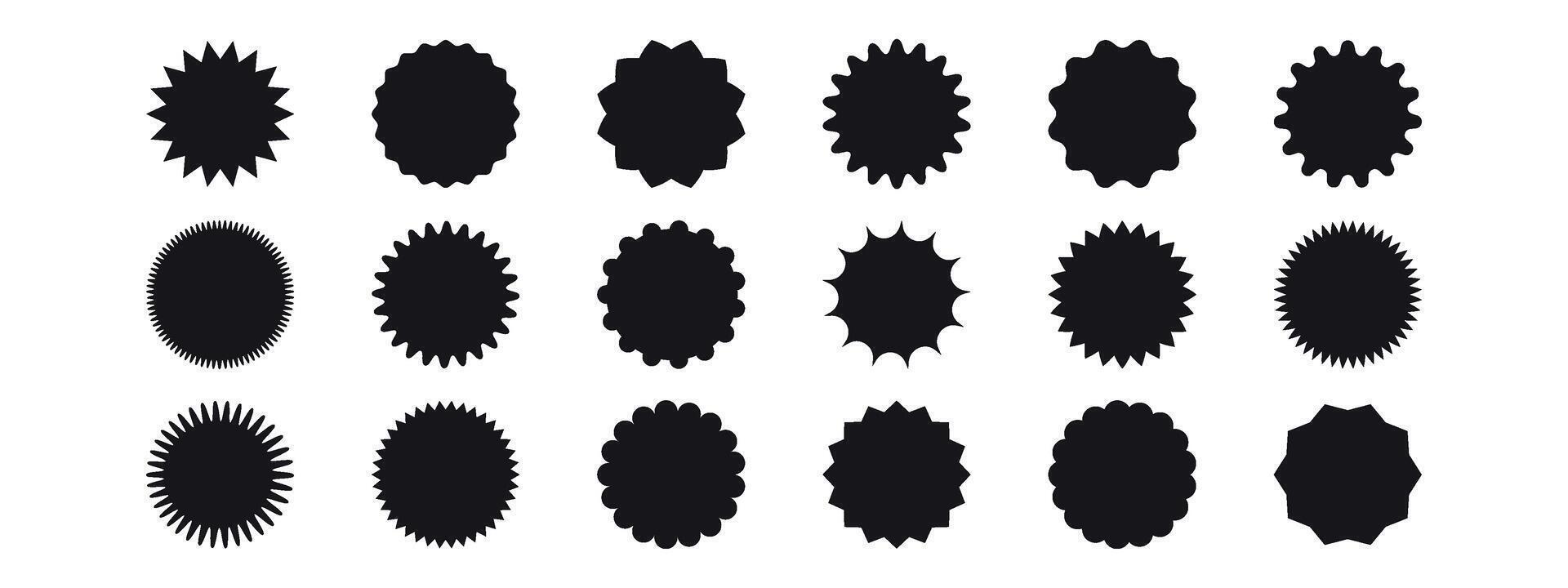 Set of sunburst stickers. Price tags with zig zag, scallop, wavy edges. Kit of badges, stamps, labels, speech bubbles isolated on white background. vector