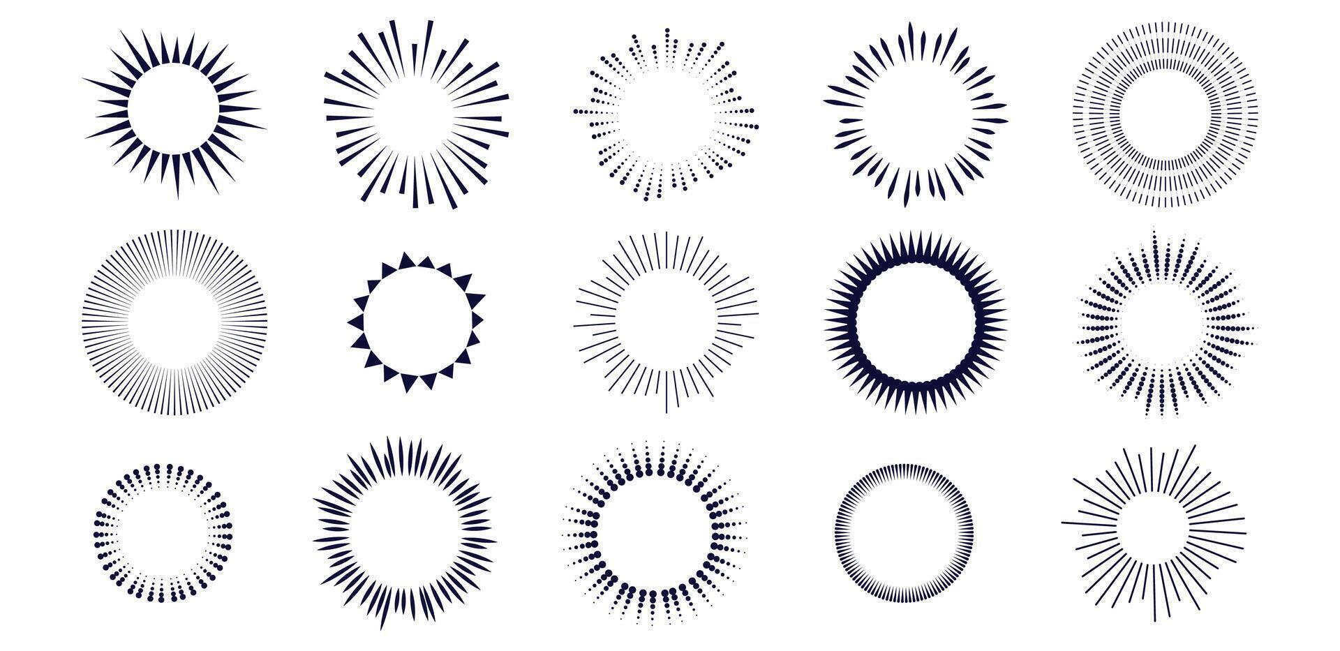 Set of vintage sunburst line elements. Radial sunset beams. illustration. Bursting sun rays, fireworks. Concentric circular patterns isolated on a white background vector