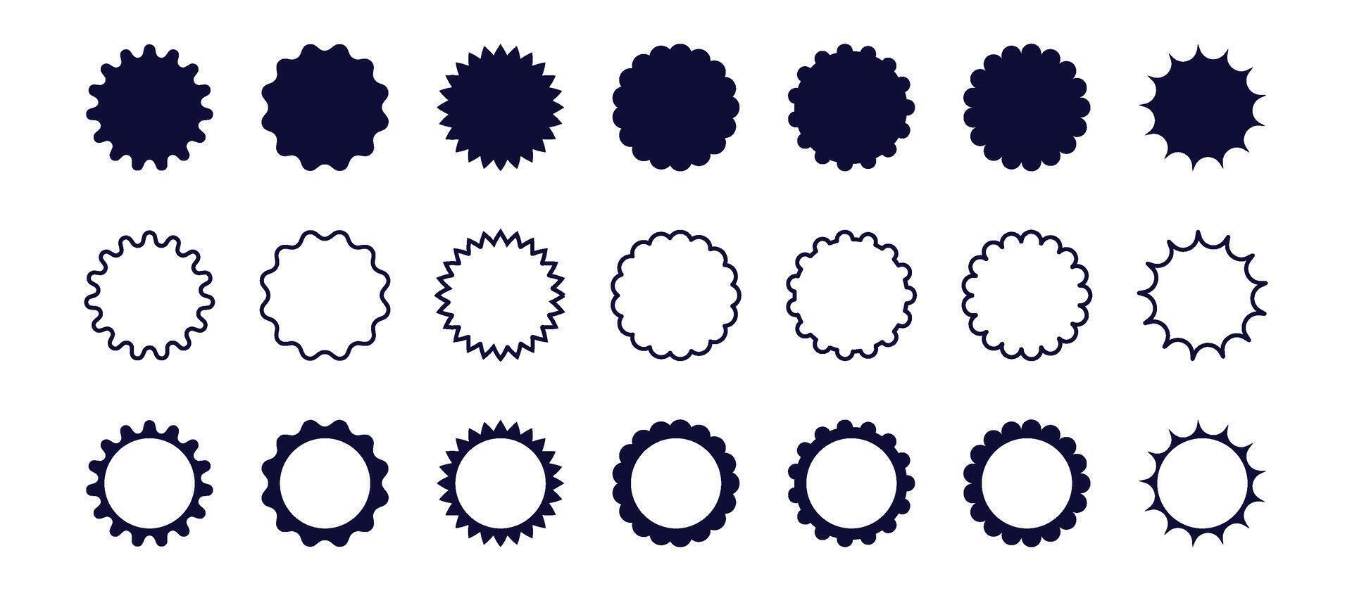 Set of scallop, zigzag, sunburst, starburst black round frame. Price tags or stickers. Circle shape. Kit of badges, stamps, labels, speech bubbles isolated on white background. vector