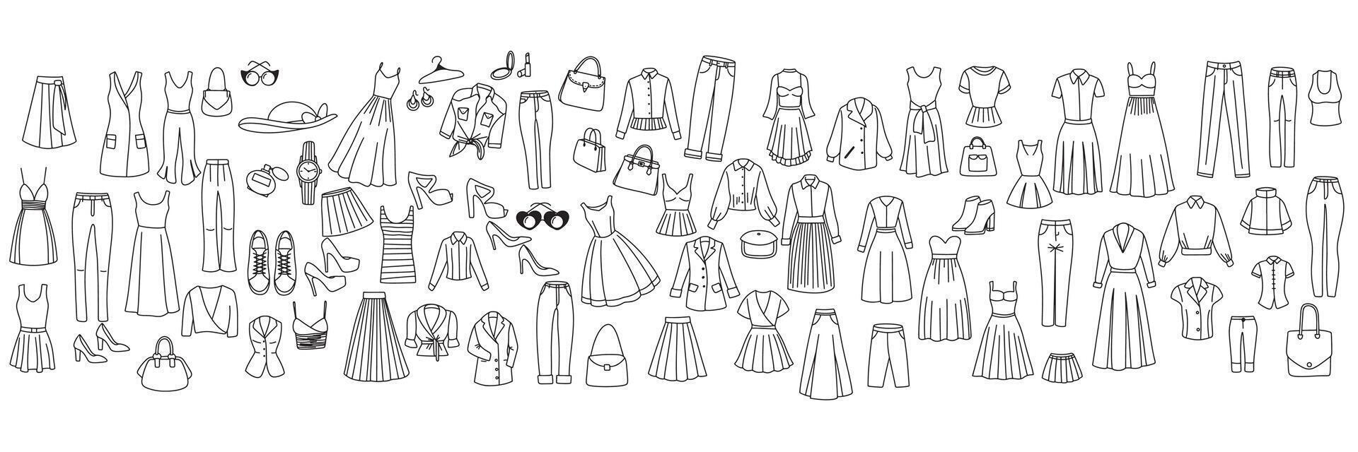 Large collection of clothes in doodle style. Hand drawn art. vector