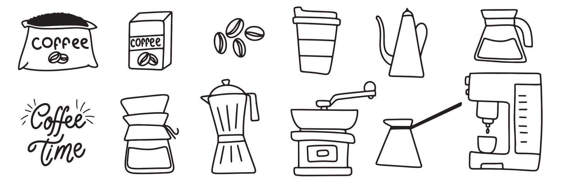 Collection of coffee equipment in doodle style. Hand drawn art. vector