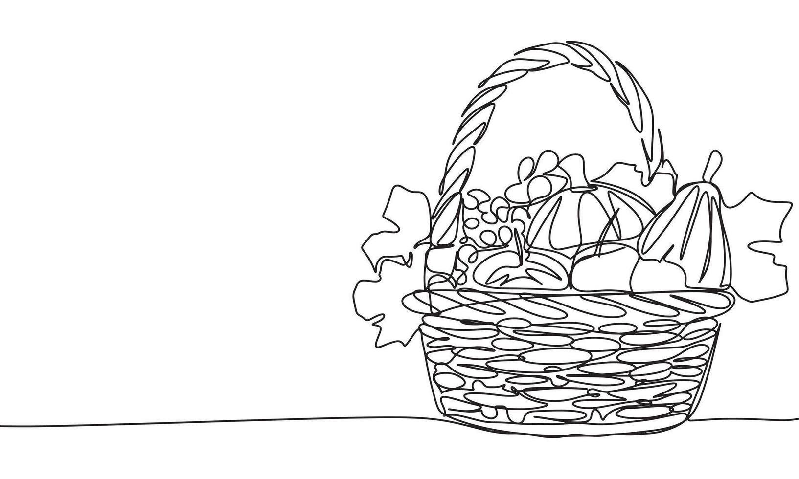 Basket with vegetarian one line continuous. Line art Basket with harvest. Hand drawn art. vector