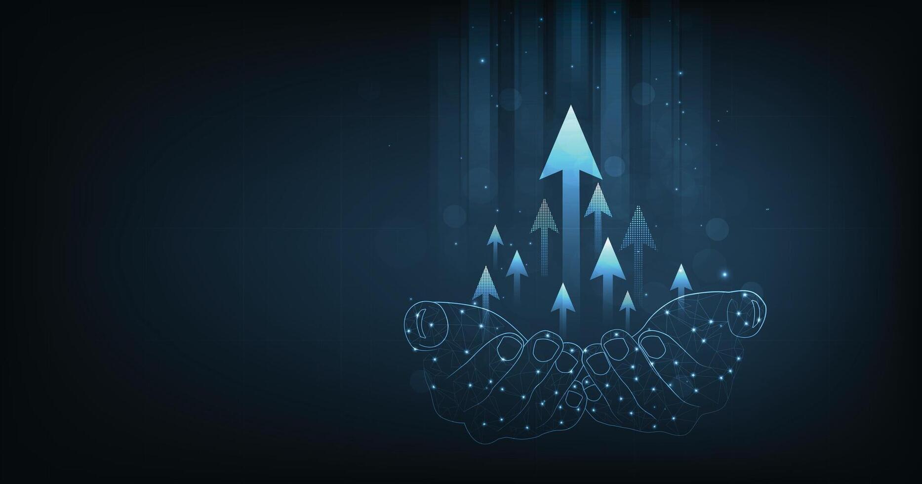 Growth business and successful with arrow up digital on Hand holding on a dark blue background. vector
