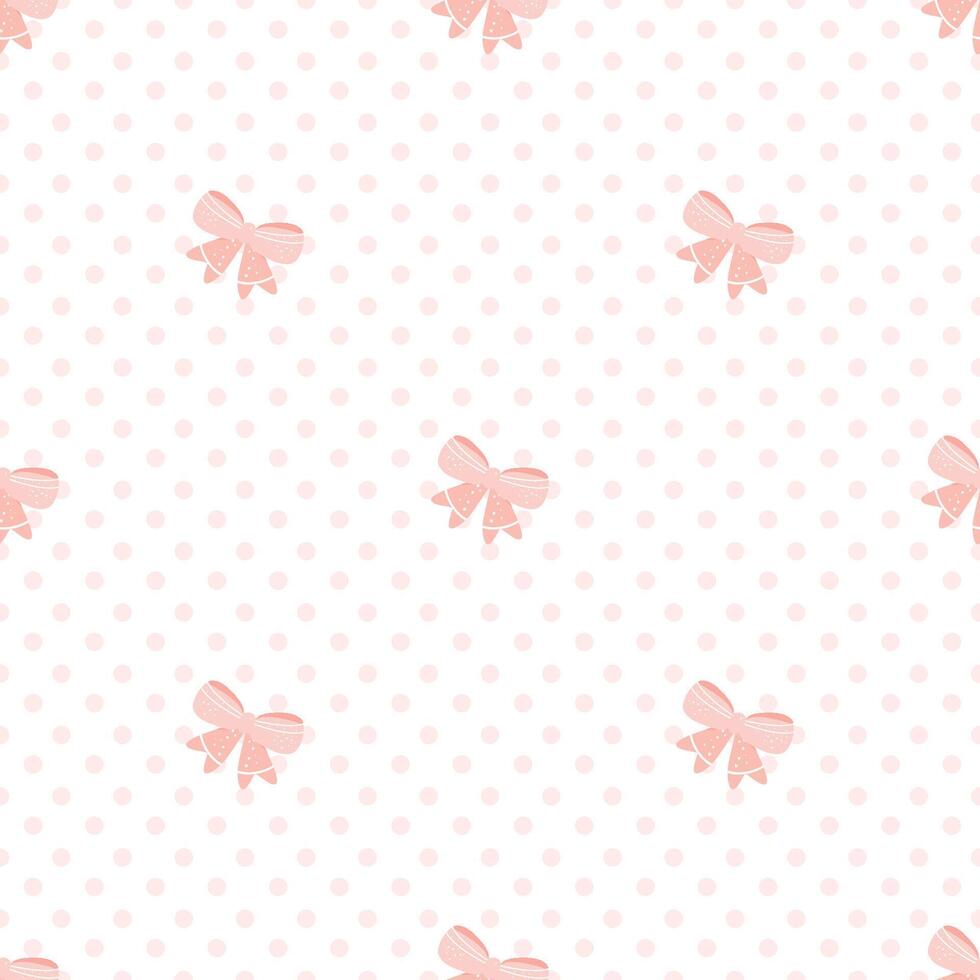 Cute pink bow seamless pattern with pastel pink dots on white background. vector