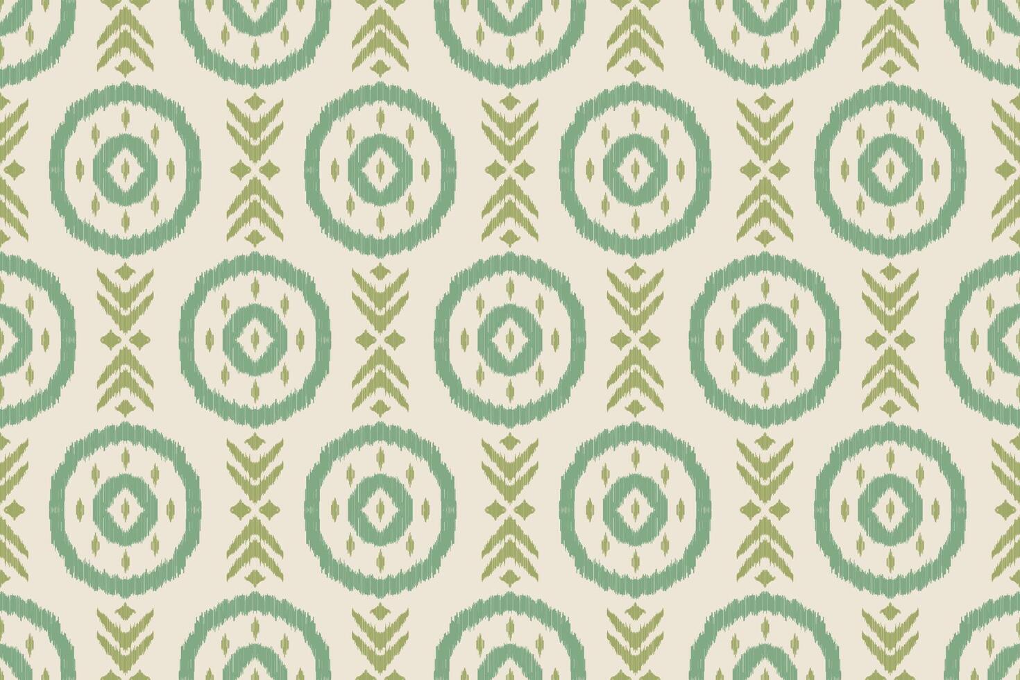 Green and beige ikat fabric pattern with geometric circles. Traditional ethnic weaving design. Seamless fabric background for carpets, doormats, wallpapers, wrapping papers, fabrics, clothing. vector