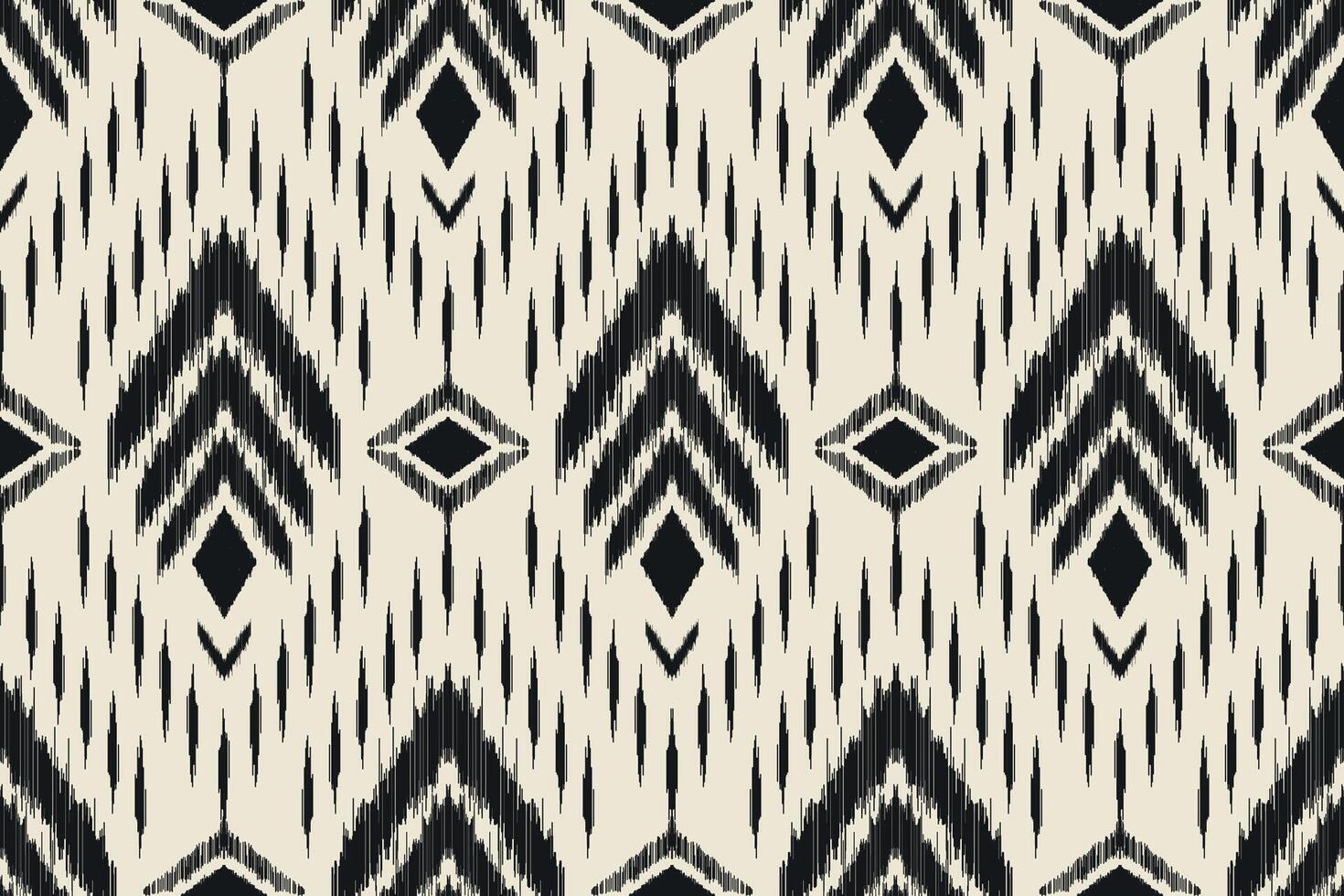 Black and beige ikat fabric pattern with geometric rhombuses. Traditional tribal fabric pattern. Seamless fabric background for rugs, mats, wallpapers, wrapping paper, fabrics and clothing. vector