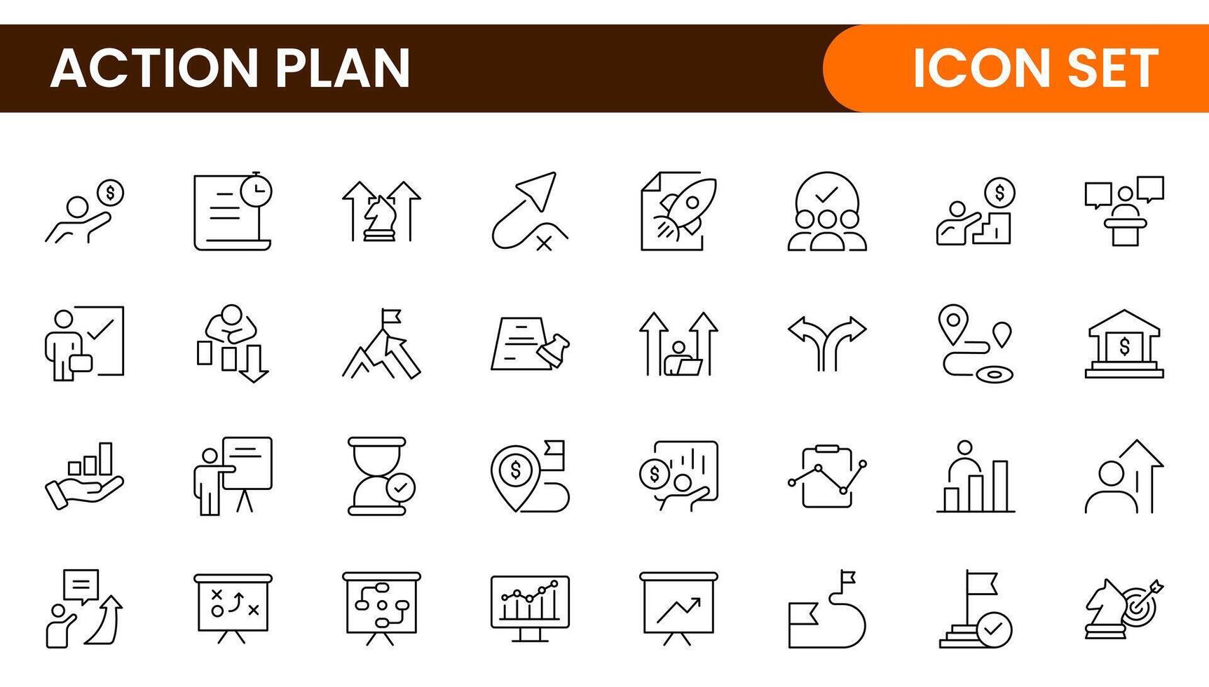 Line icons about action plan. Contains such icons as search strategy, target, scheme, timeline and workflow.Action plan set of web icons in line style. Strategy action planning icons. vector