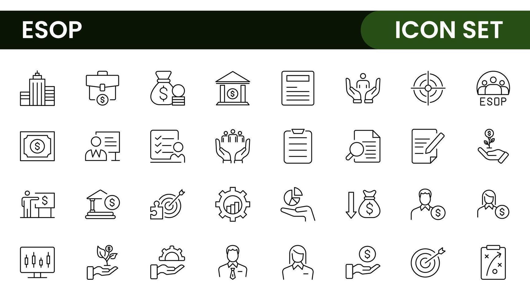 Outline icons about ESOP employee stock ownership plan. Contains such icons as company, win-win, scheme and benefits. vector