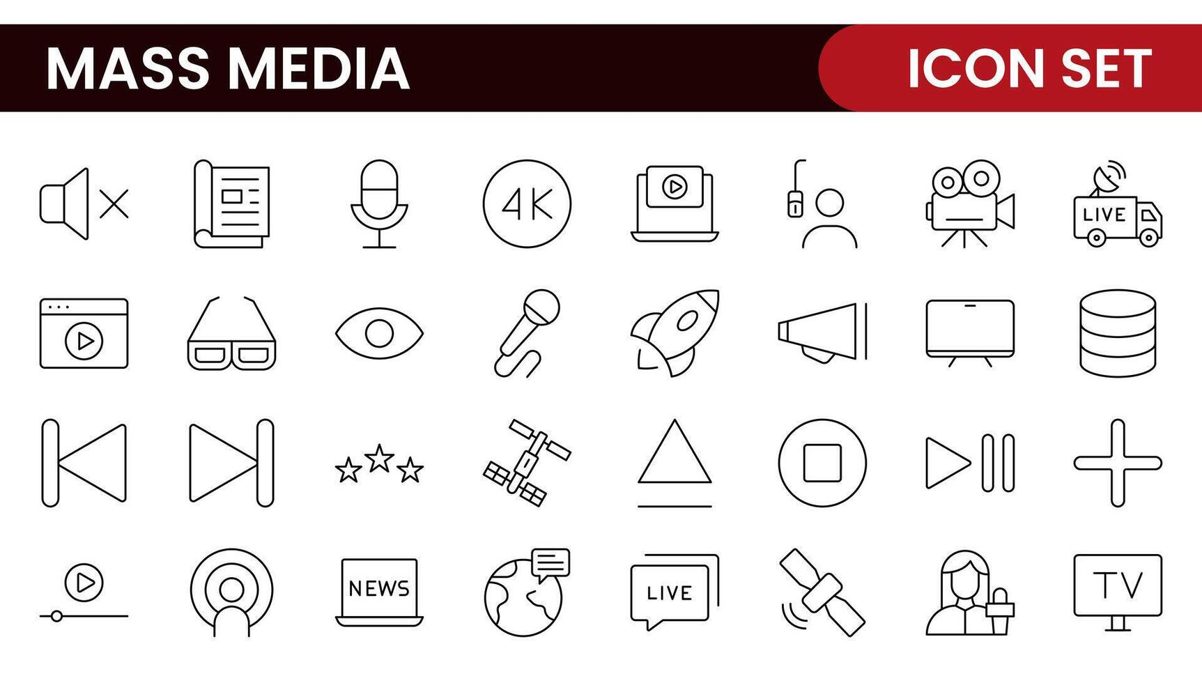 Mass media outline icons large set isolated on white background. media business concept. Media outline icons set. vector