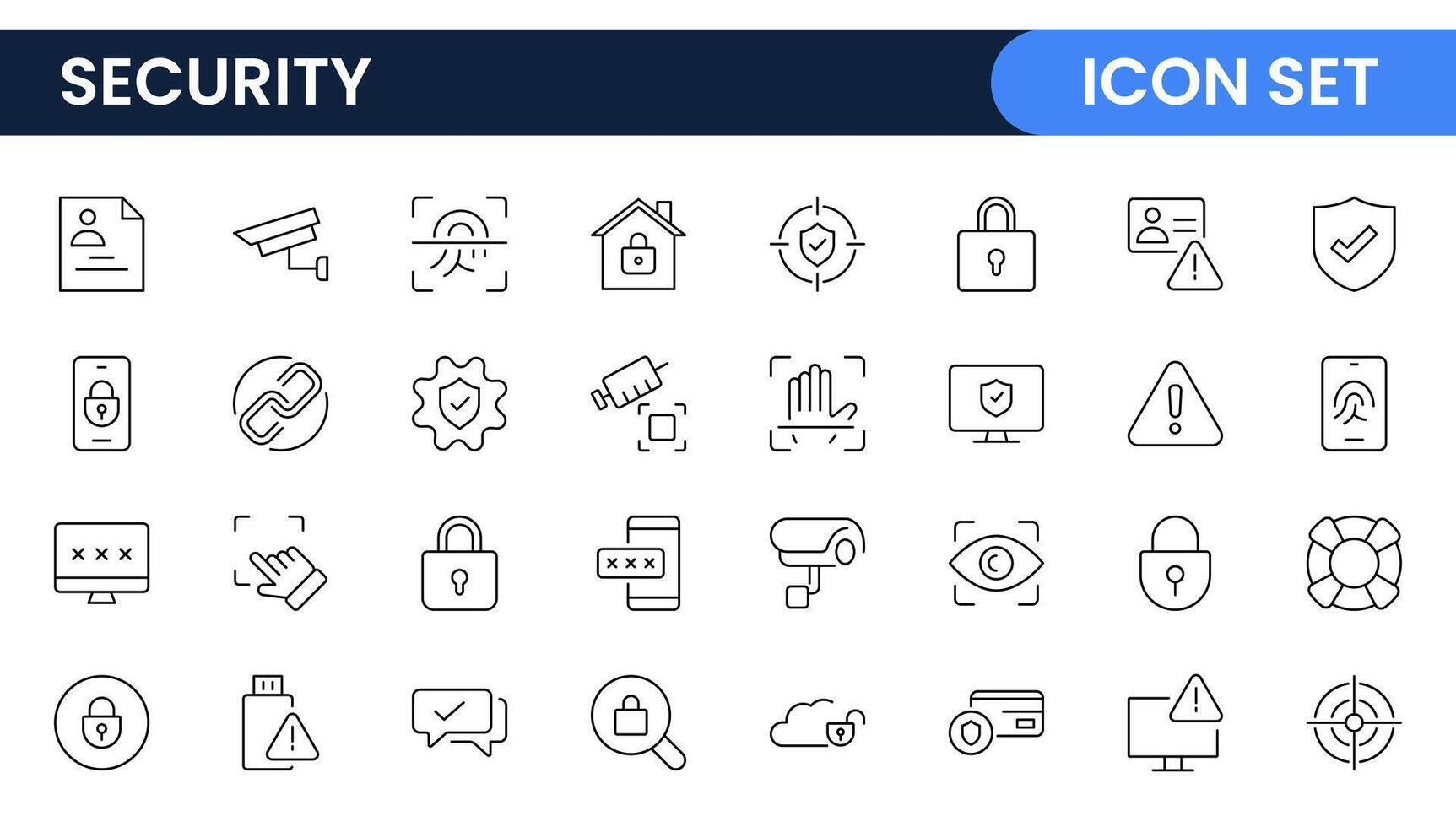 Set of Security web icons in line style. Guard, cyber security, password, smart home, safety, data protection, key, shield, lock, unlock, eye access. Security outline icon set. vector