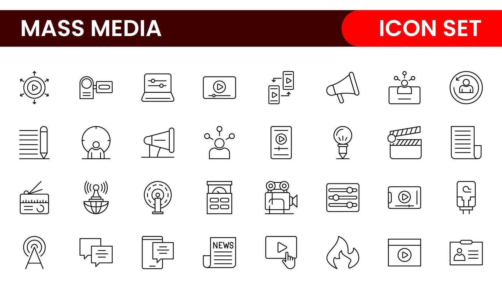 Mass media outline icons large set isolated on white background. media business concept. Media outline icons set. vector