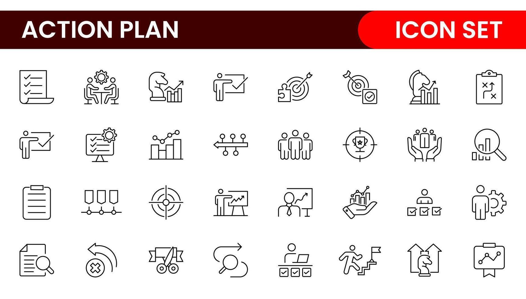 Line icons about action plan. Contains such icons as search strategy, target, scheme, timeline and workflow.Action plan set of web icons in line style. Strategy action planning icons. vector