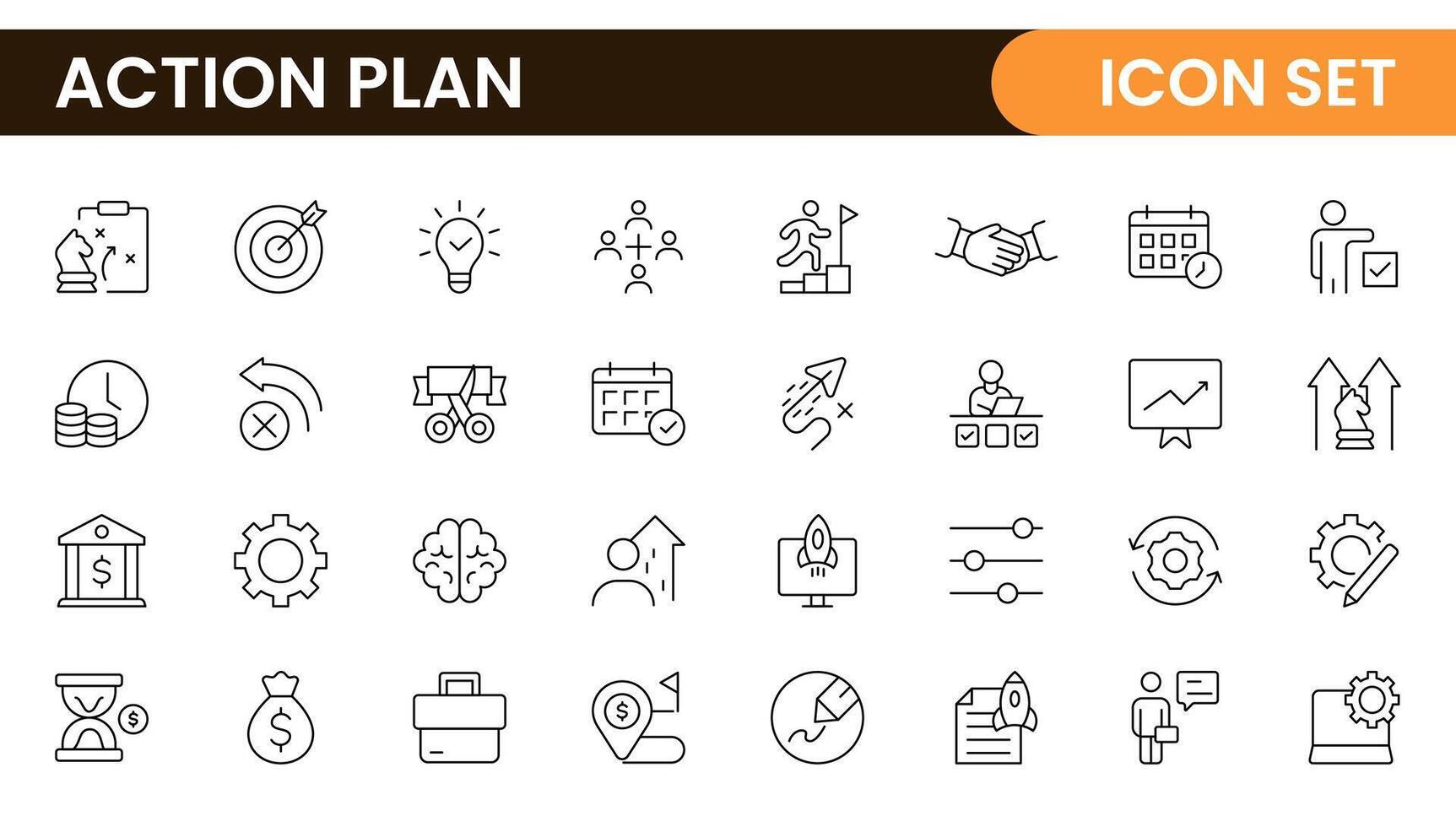 Line icons about action plan. Contains such icons as search strategy, target, scheme, timeline and workflow.Action plan set of web icons in line style. Strategy action planning icons. vector