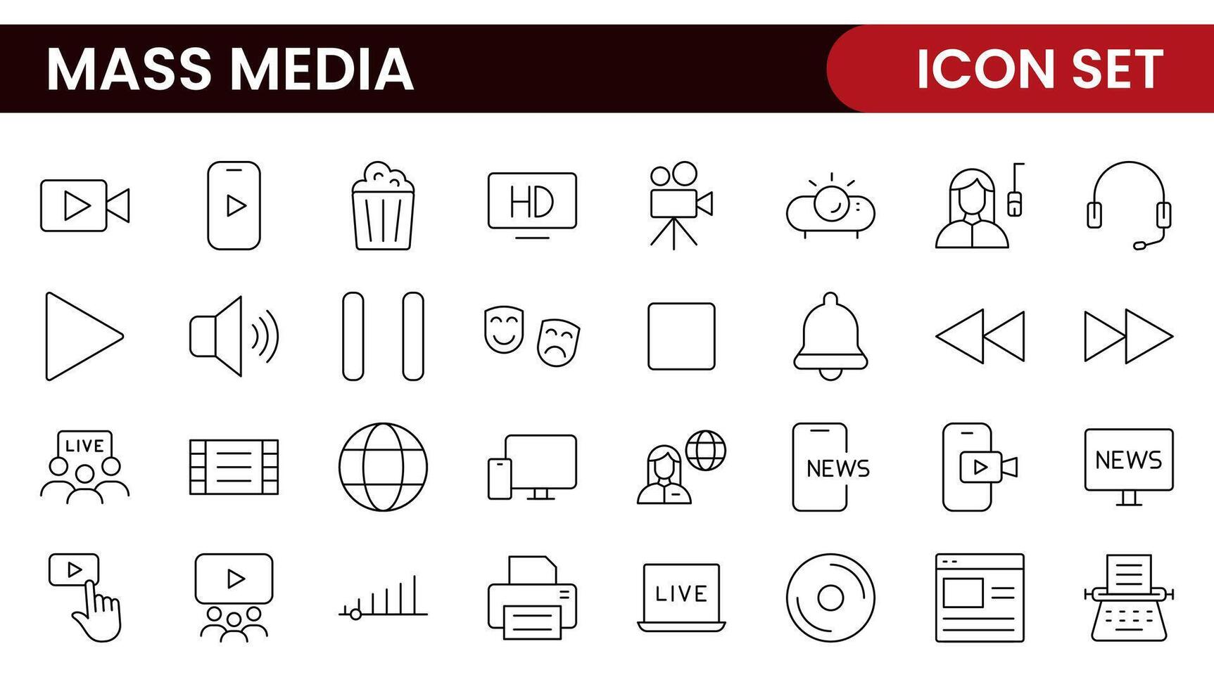 Mass media outline icons large set isolated on white background. media business concept. Media outline icons set. vector