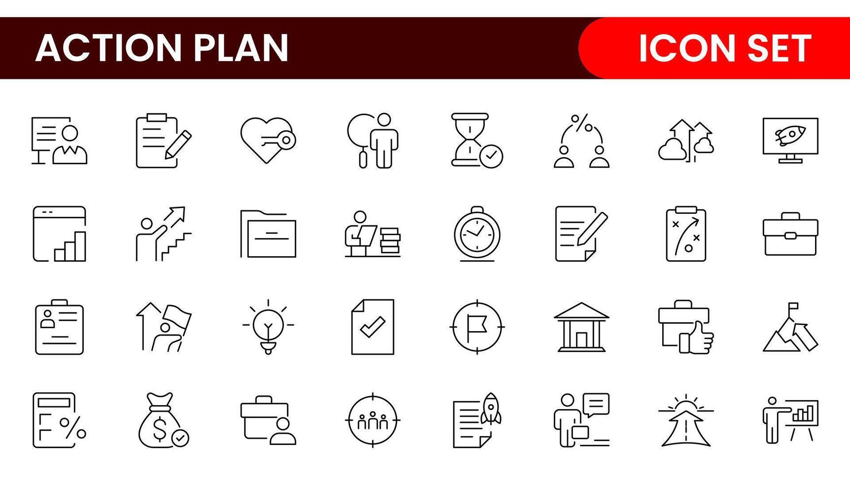 Line icons about action plan. Contains such icons as search strategy, target, scheme, timeline and workflow.Action plan set of web icons in line style. Strategy action planning icons. vector