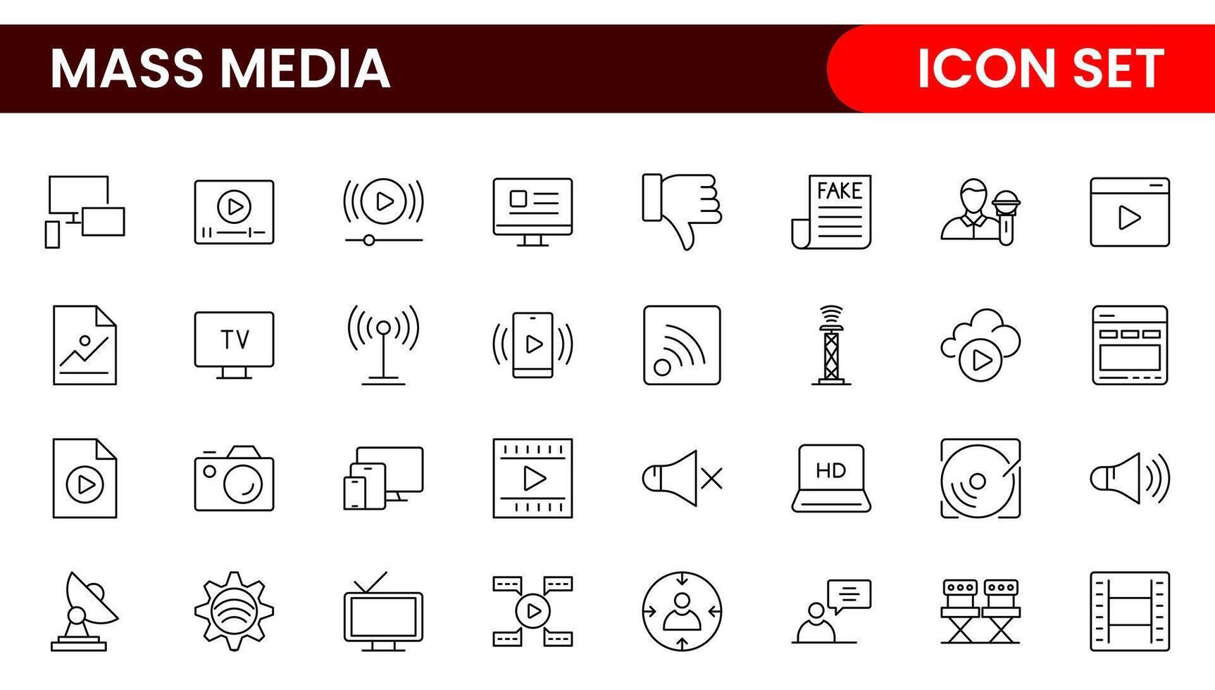 Mass media outline icons large set isolated on white background. media business concept. Media outline icons set. vector