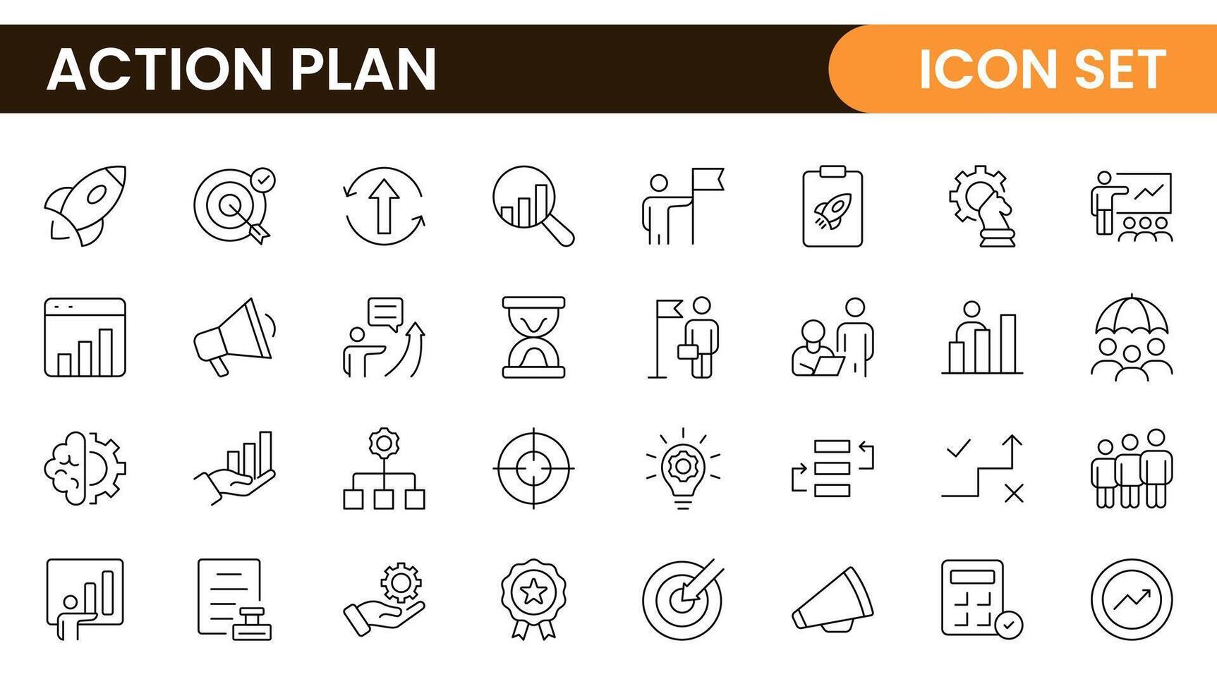 Line icons about action plan. Contains such icons as search strategy, target, scheme, timeline and workflow.Action plan set of web icons in line style. Strategy action planning icons. vector