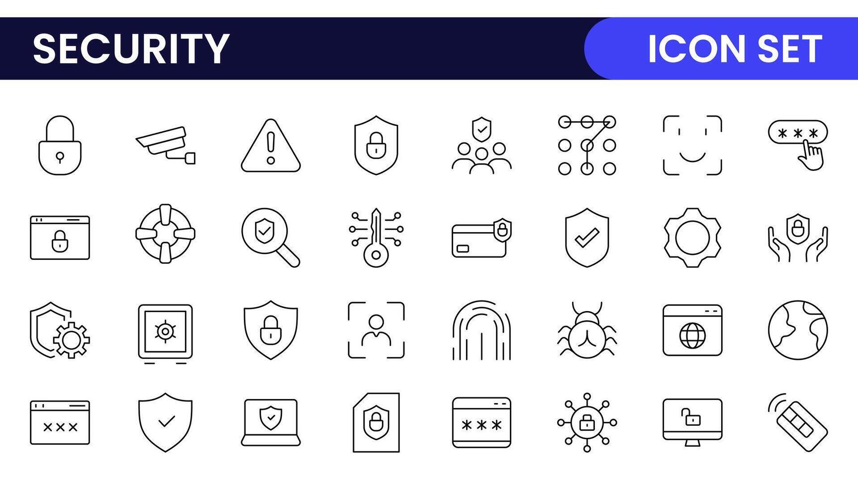 Set of Security web icons in line style. Guard, cyber security, password, smart home, safety, data protection, key, shield, lock, unlock, eye access. Security outline icon set. vector