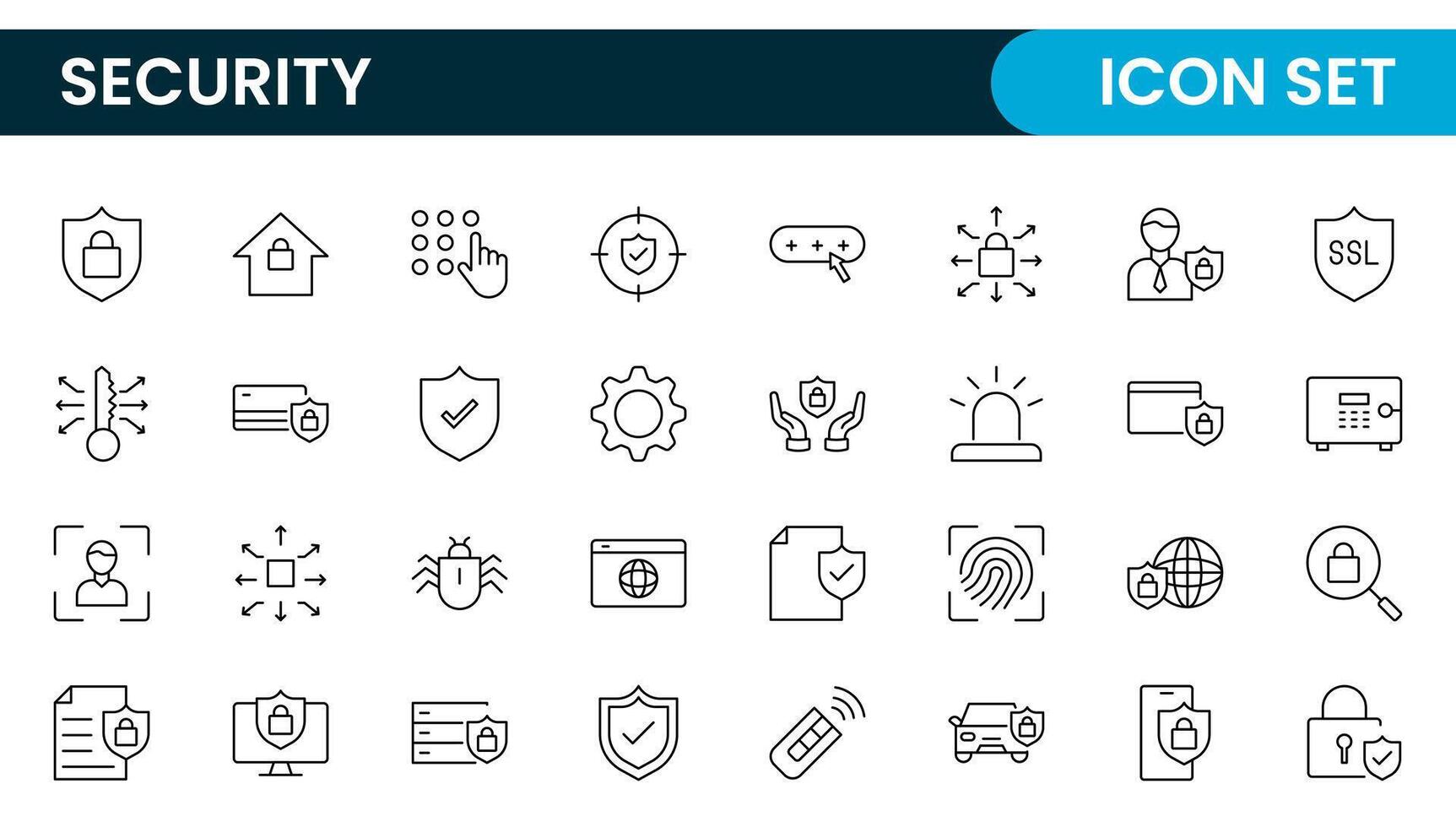 Set of Security web icons in line style. Guard, cyber security, password, smart home, safety, data protection, key, shield, lock, unlock, eye access. Security outline icon set. vector