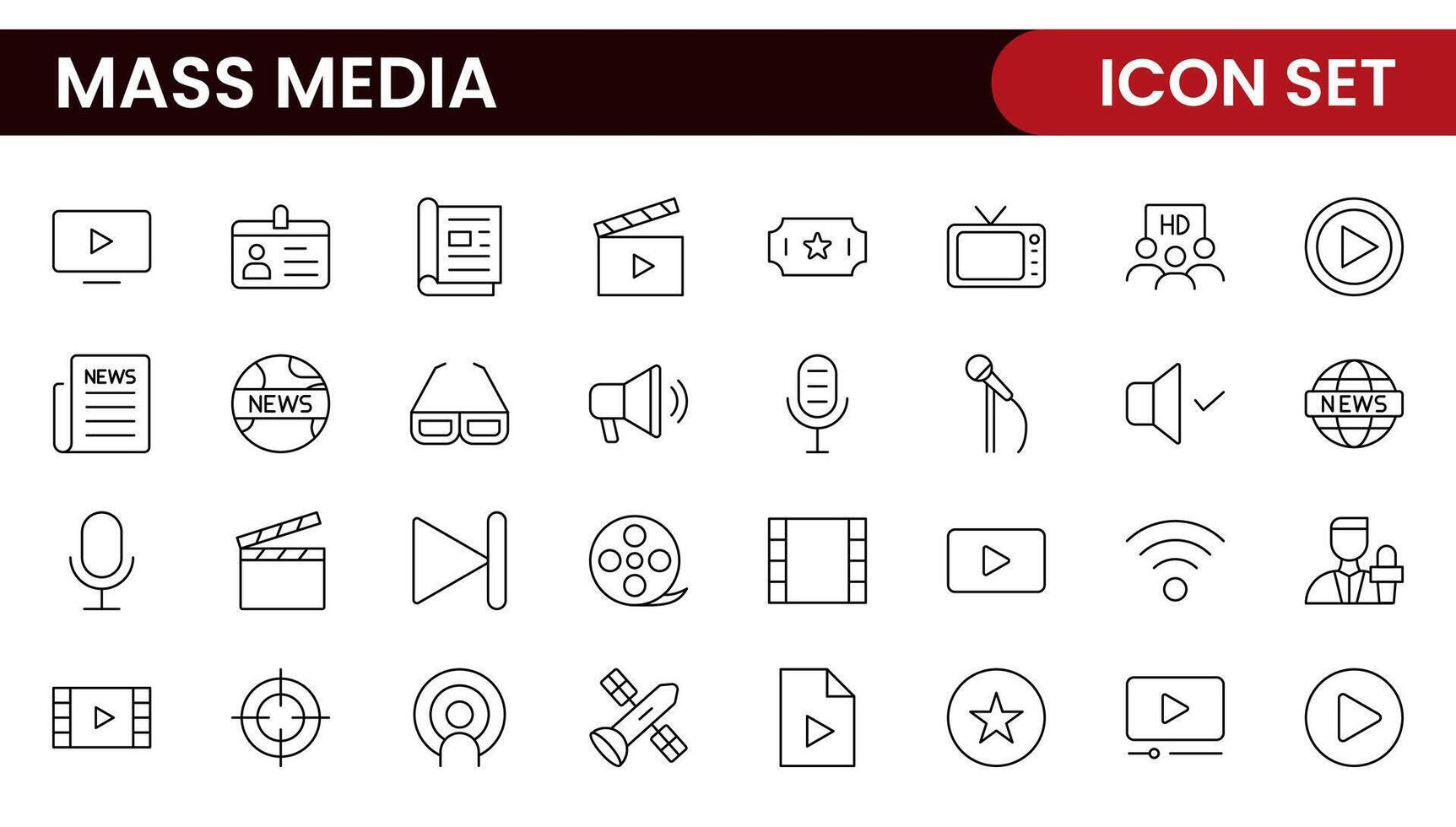 Mass media outline icons large set isolated on white background. media business concept. Media outline icons set. vector