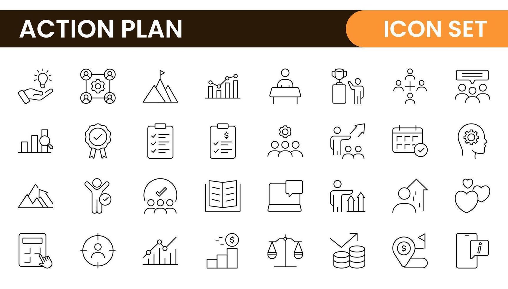 Line icons about action plan. Contains such icons as search strategy, target, scheme, timeline and workflow.Action plan set of web icons in line style. Strategy action planning icons. vector