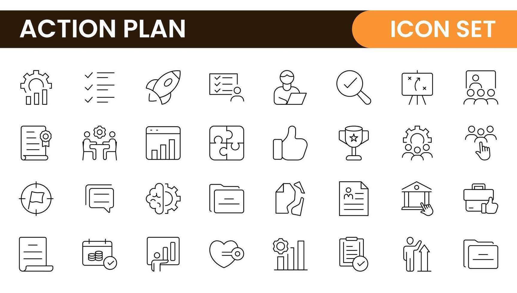 Line icons about action plan. Contains such icons as search strategy, target, scheme, timeline and workflow.Action plan set of web icons in line style. Strategy action planning icons. vector
