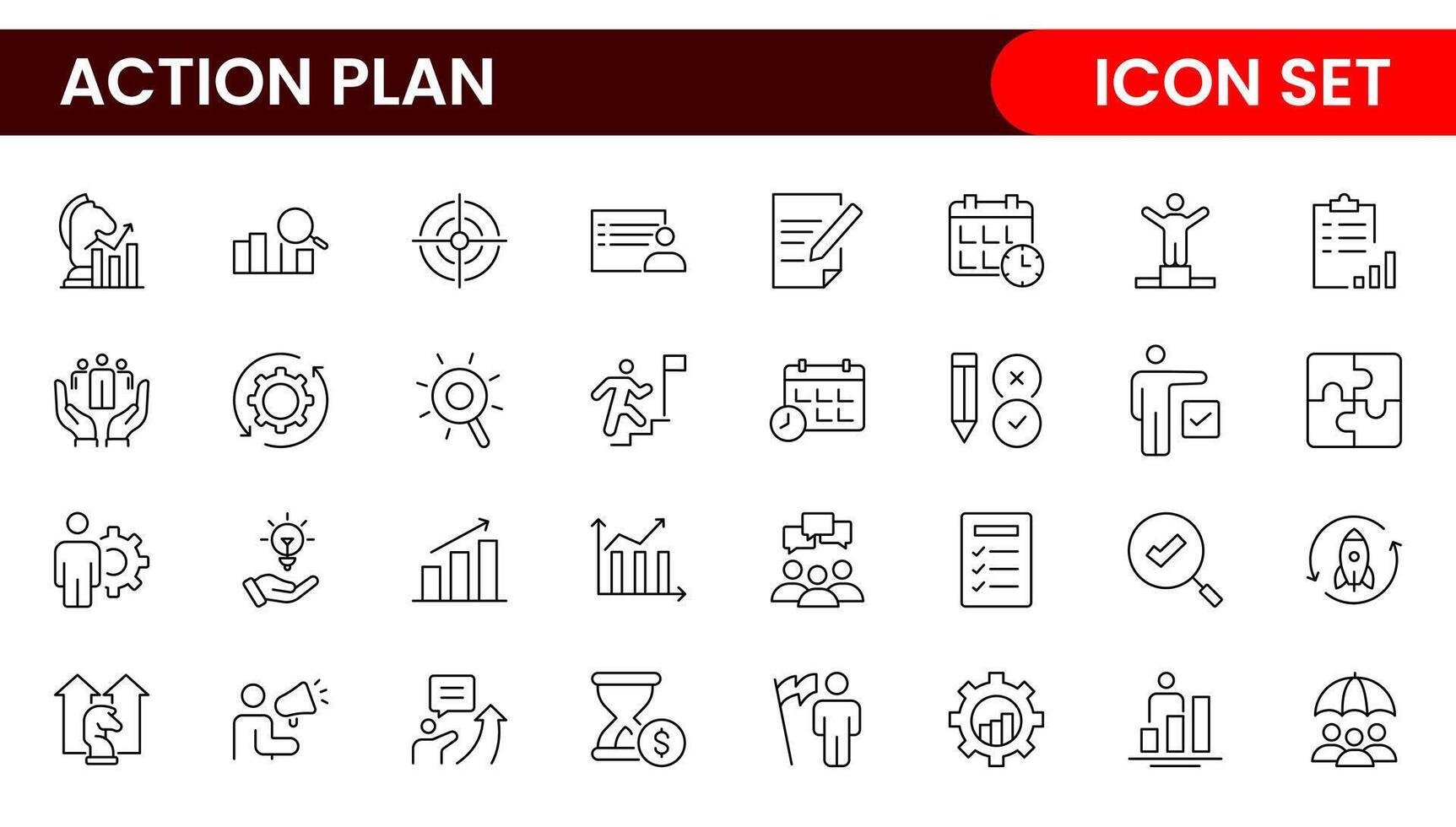 Line icons about action plan. Contains such icons as search strategy, target, scheme, timeline and workflow.Action plan set of web icons in line style. Strategy action planning icons. vector