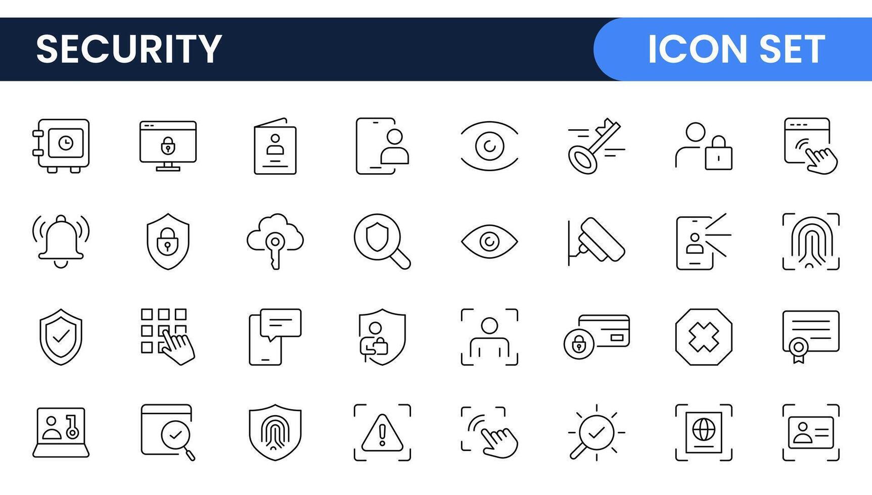 Set of Security web icons in line style. Guard, cyber security, password, smart home, safety, data protection, key, shield, lock, unlock, eye access. Security outline icon set. vector