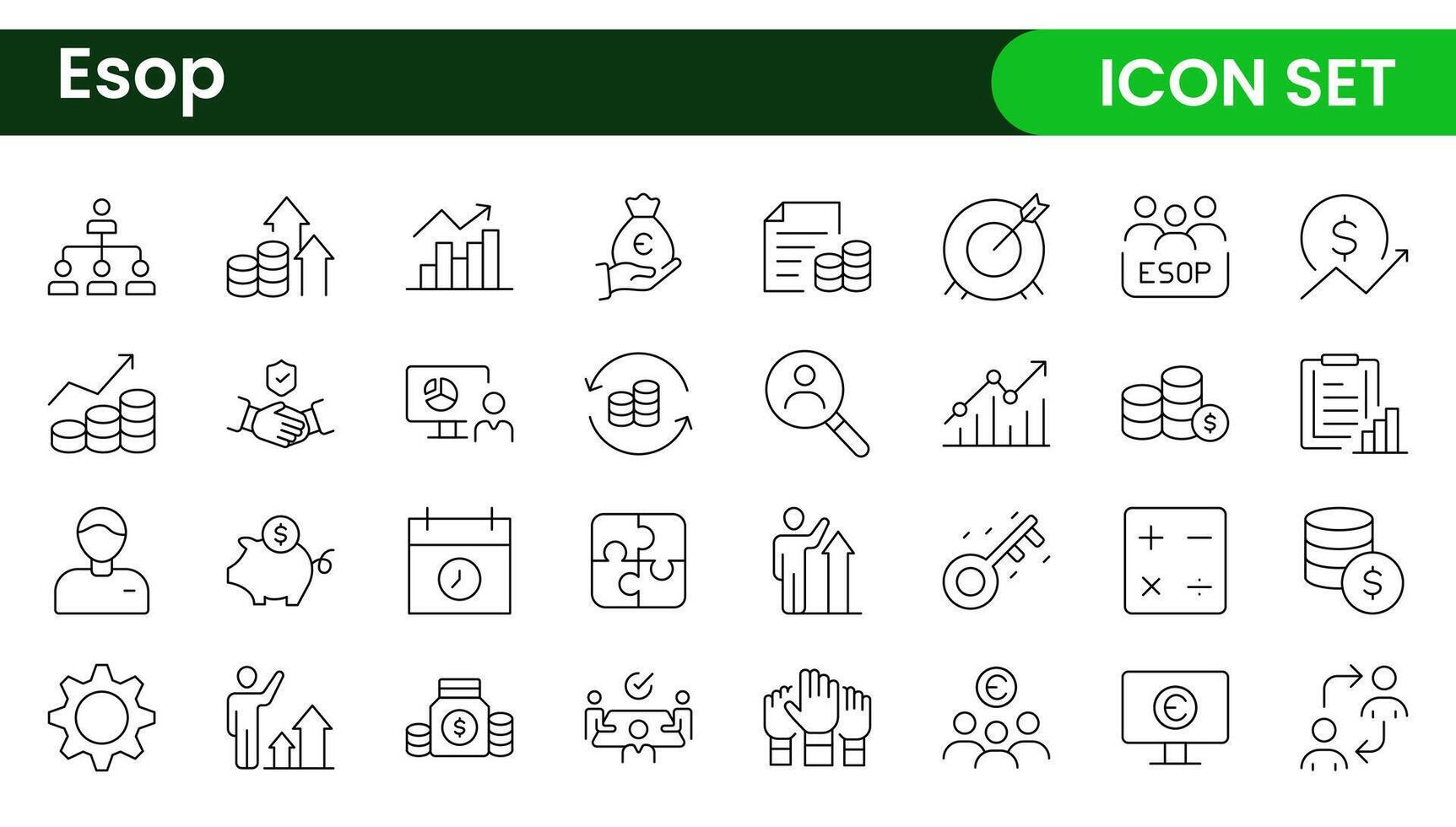 Outline icons about ESOP employee stock ownership plan. Contains such icons as company, win-win, scheme and benefits. vector