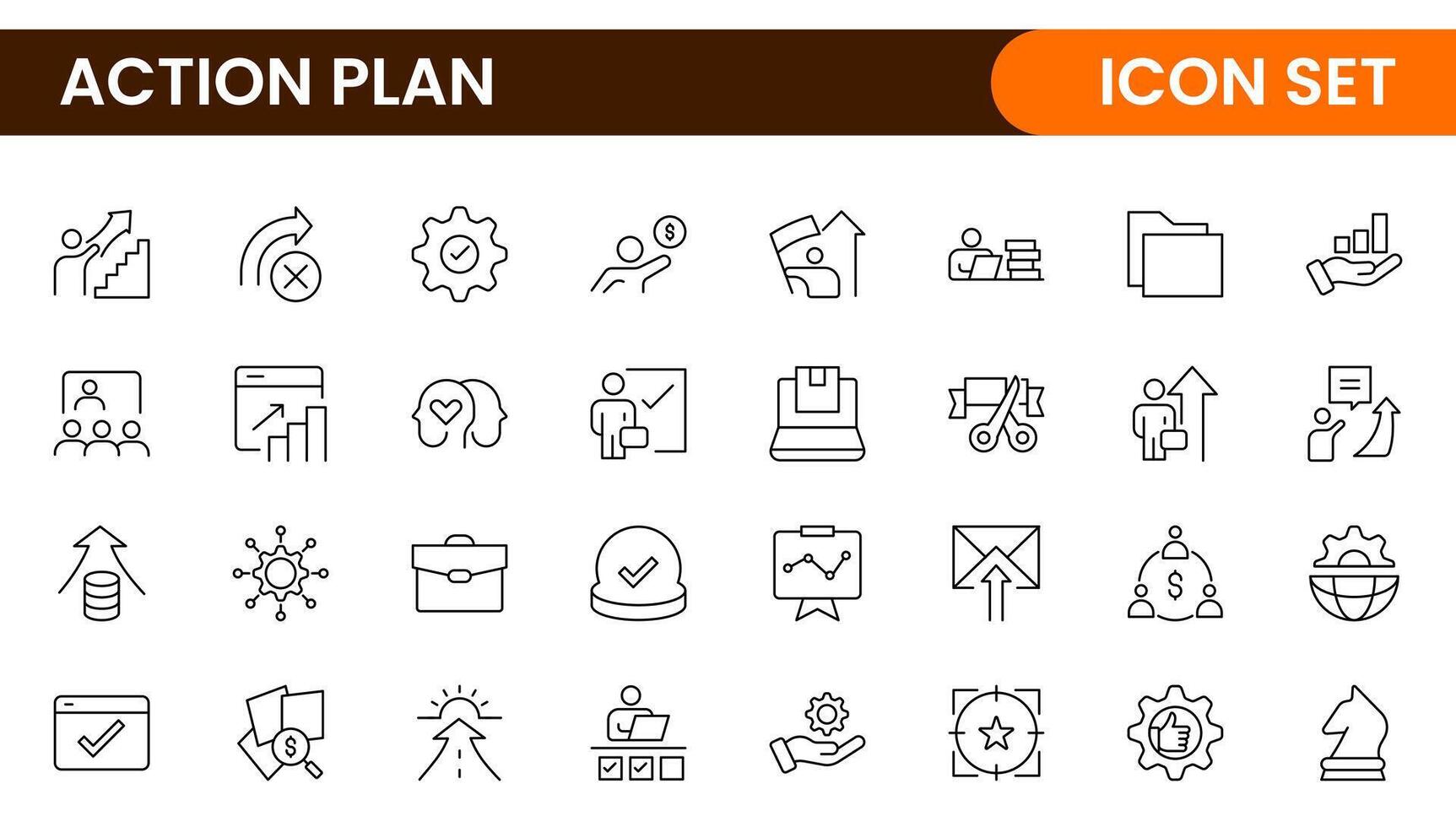 Line icons about action plan. Contains such icons as search strategy, target, scheme, timeline and workflow.Action plan set of web icons in line style. Strategy action planning icons. vector