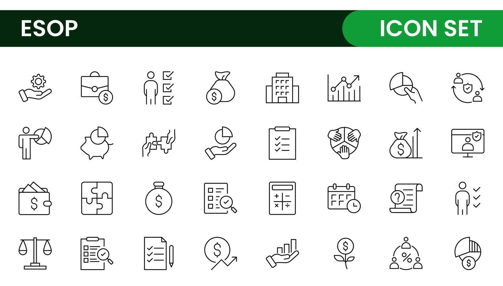 Outline icons about ESOP employee stock ownership plan. Contains such icons as company, win-win, scheme and benefits. vector