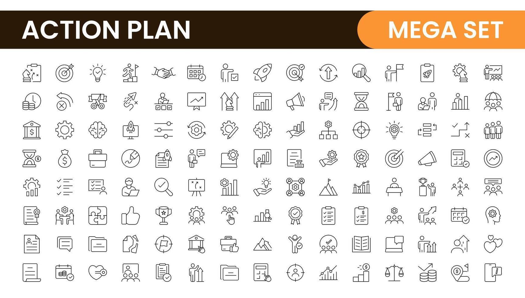 Line icons about action plan. Contains such icons as search strategy, target, scheme, timeline and workflow.Action plan set of web icons in line style. Strategy action planning icons. vector