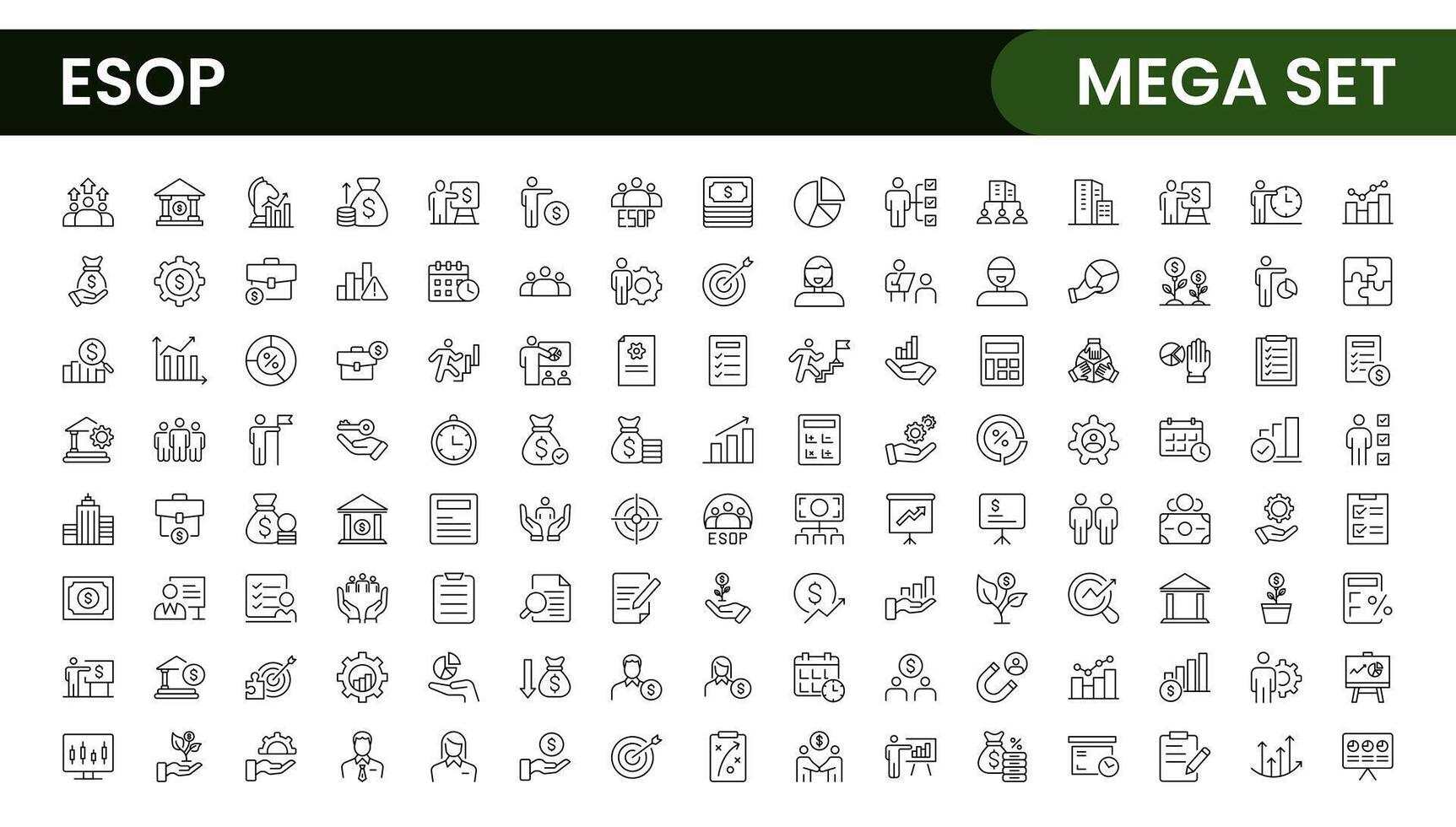 Outline icons about ESOP employee stock ownership plan. Contains such icons as company, win-win, scheme and benefits. vector