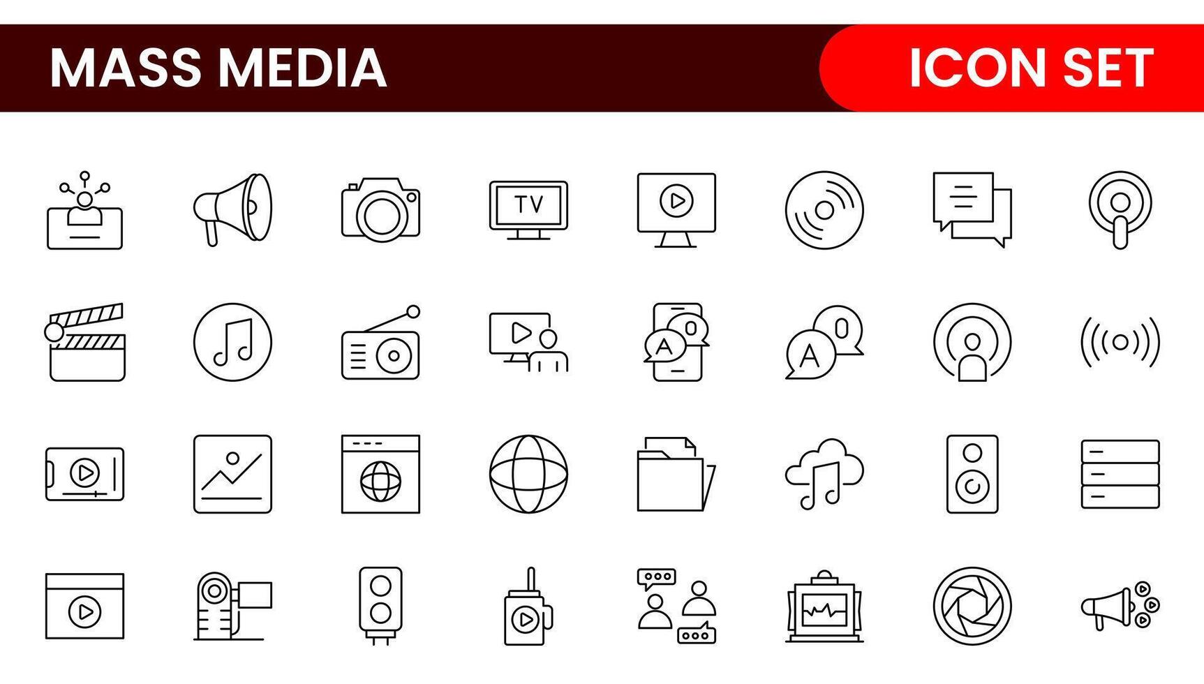 Mass media outline icons large set isolated on white background. media business concept. Media outline icons set. vector
