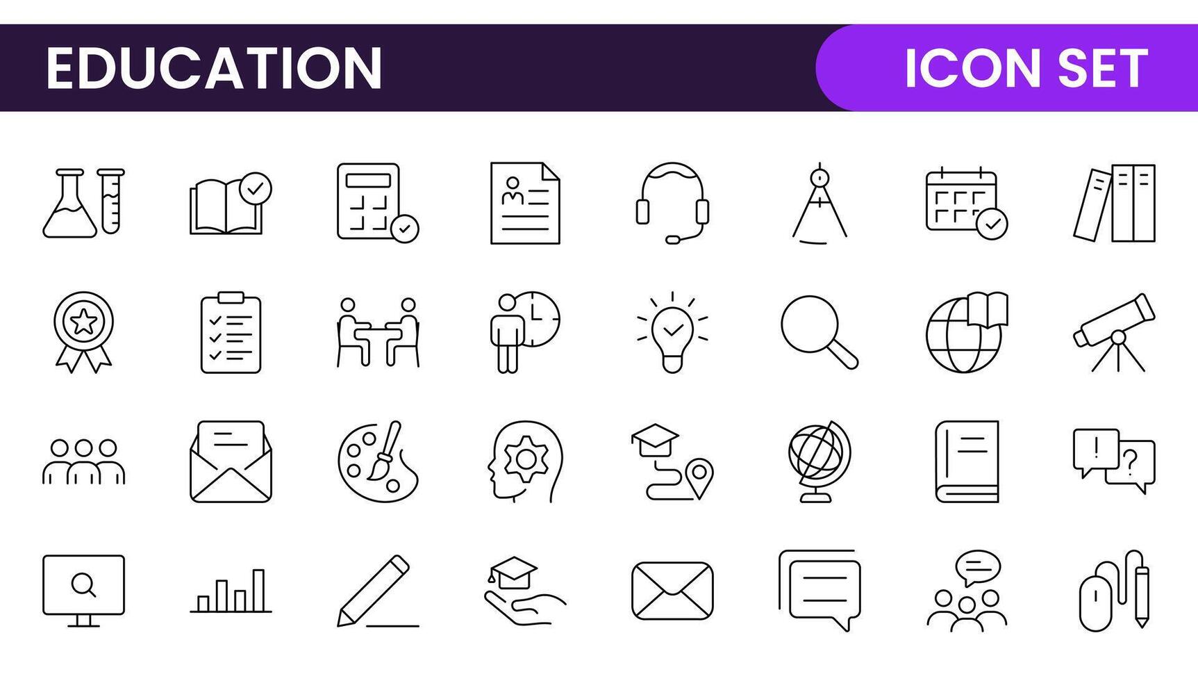 Education line icons collection. Big UI icon set in a flat design. Thin outline icons pack. Thin line icons set of academic subjects and education. Outline symbol collection. vector