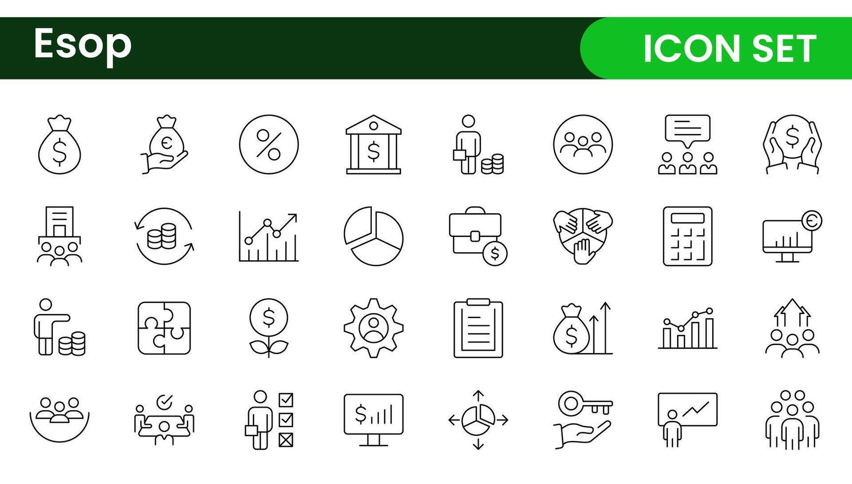 Outline icons about ESOP employee stock ownership plan. Contains such icons as company, win-win, scheme and benefits. vector