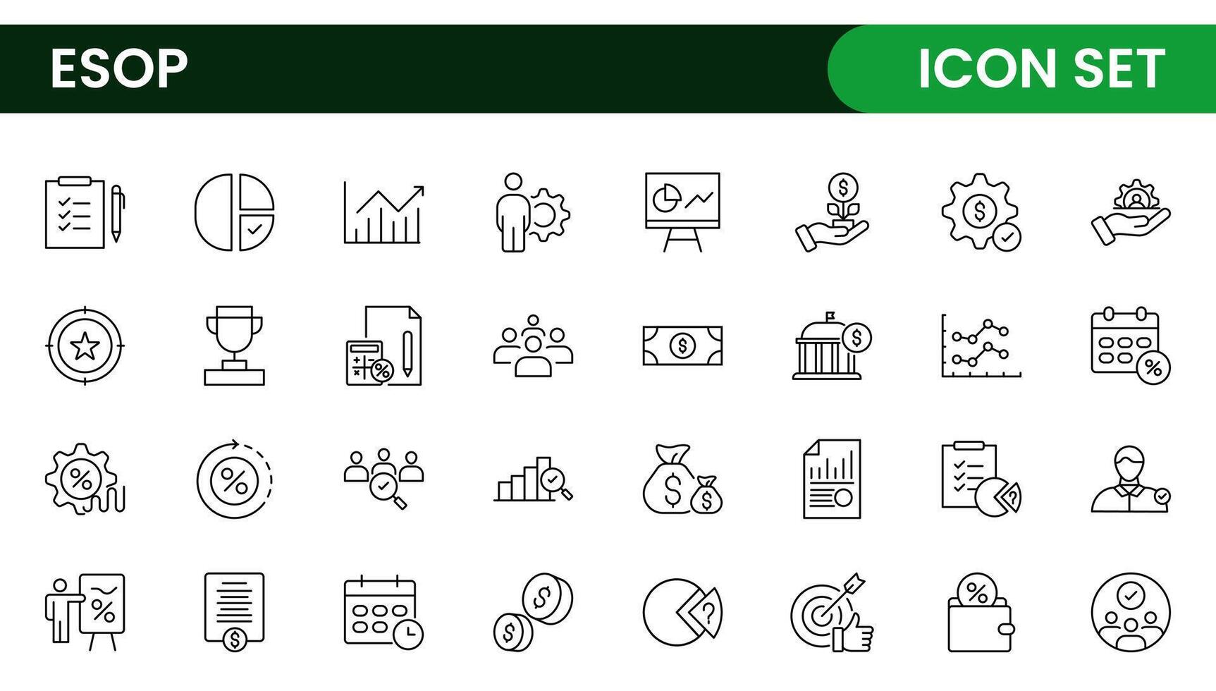 Outline icons about ESOP employee stock ownership plan. Contains such icons as company, win-win, scheme and benefits. vector