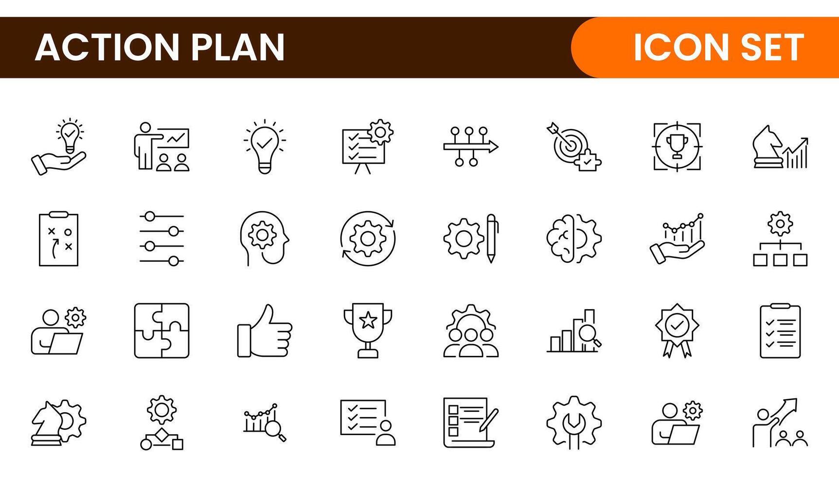 Line icons about action plan. Contains such icons as search strategy, target, scheme, timeline and workflow.Action plan set of web icons in line style. Strategy action planning icons. vector