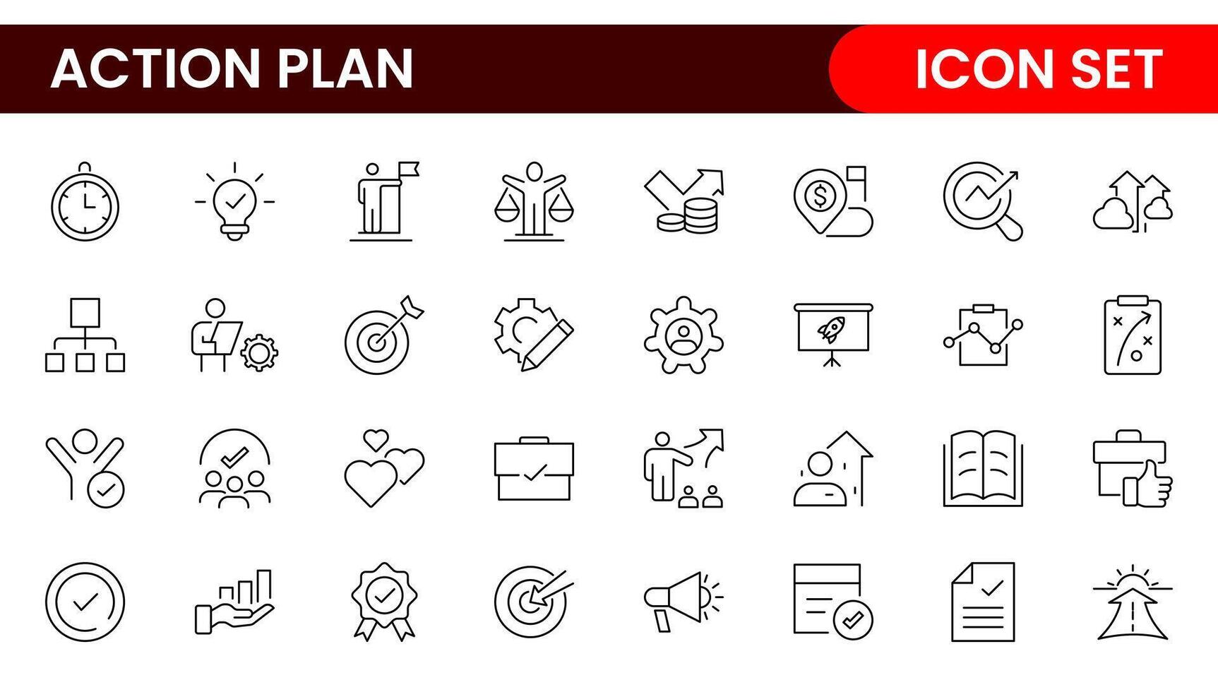 Line icons about action plan. Contains such icons as search strategy, target, scheme, timeline and workflow.Action plan set of web icons in line style. Strategy action planning icons. vector