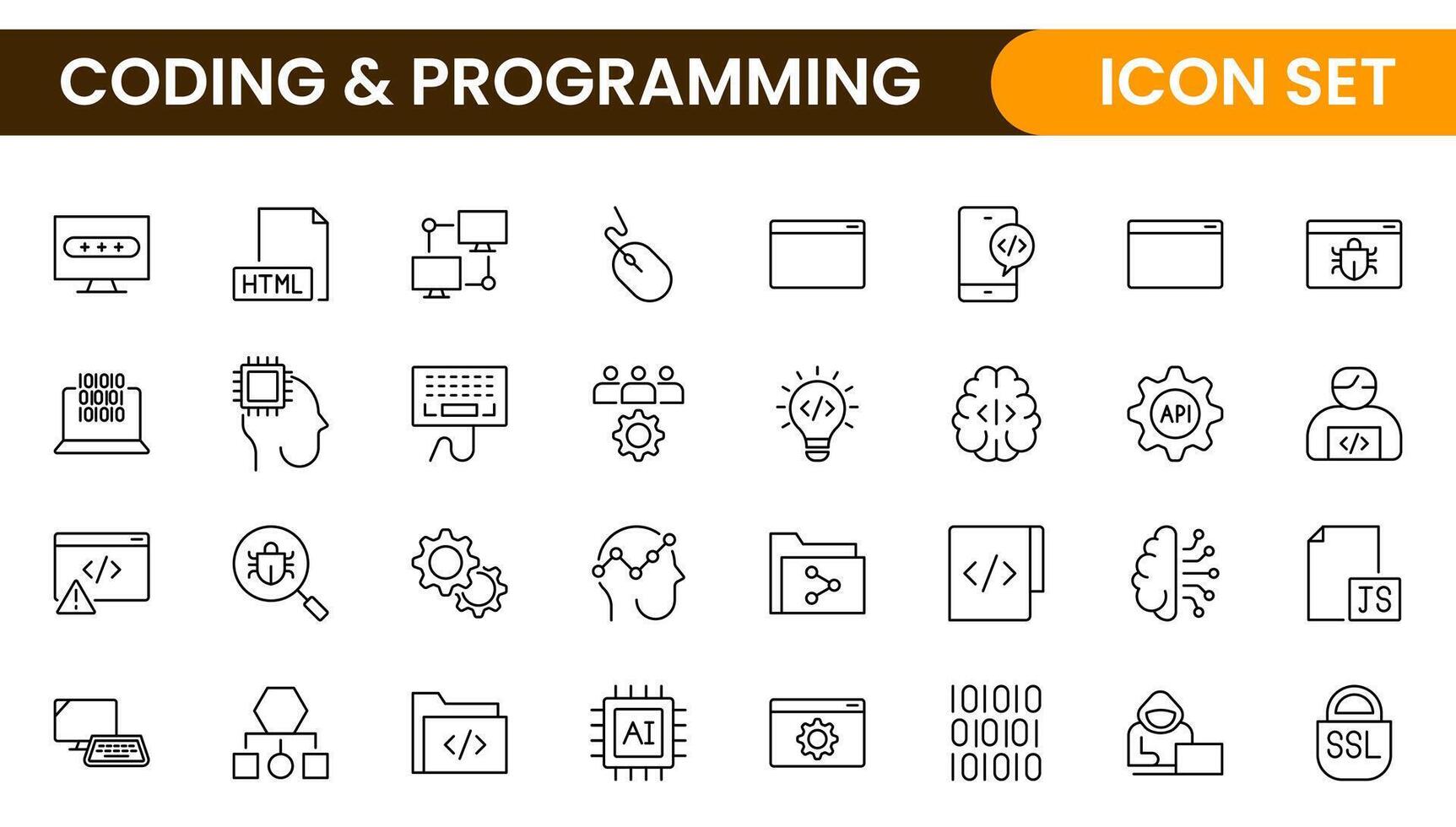 Programming coding set of web icons in line style. Software development icons for web and mobile app. Code, api, programmer, developer, information technology, coder and more. vector